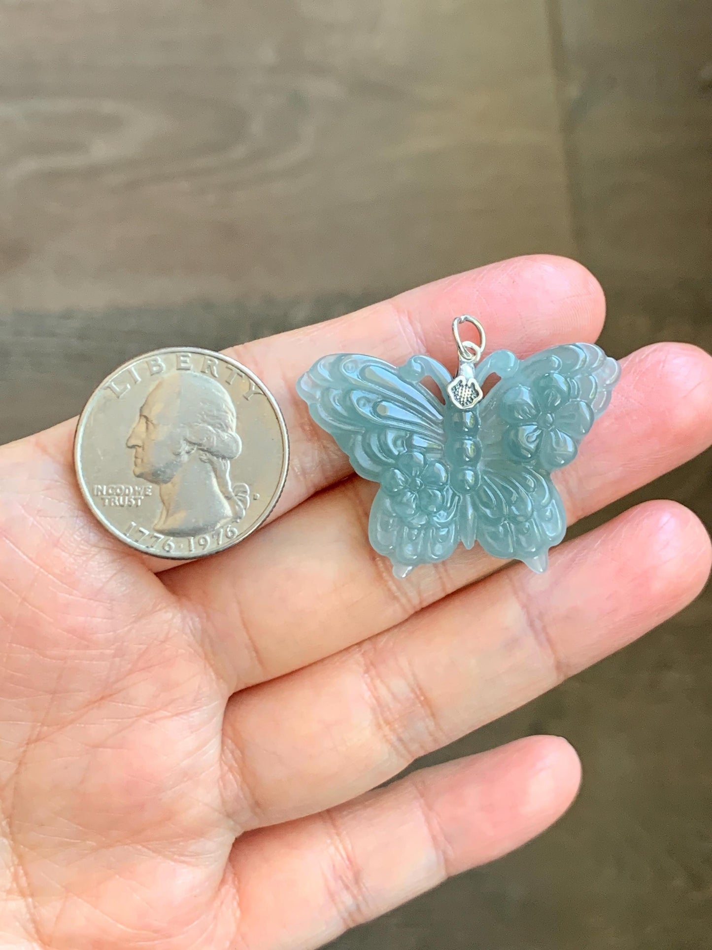 Natural Grade A Guatemalan Icy Translucent Dusty Teal Green Jade Jadeite Carved Butterfly Pendant Sterling Silver 7g 天然冰危暗蓝绿翡翠蝴蝶吊坠 WHZ110B