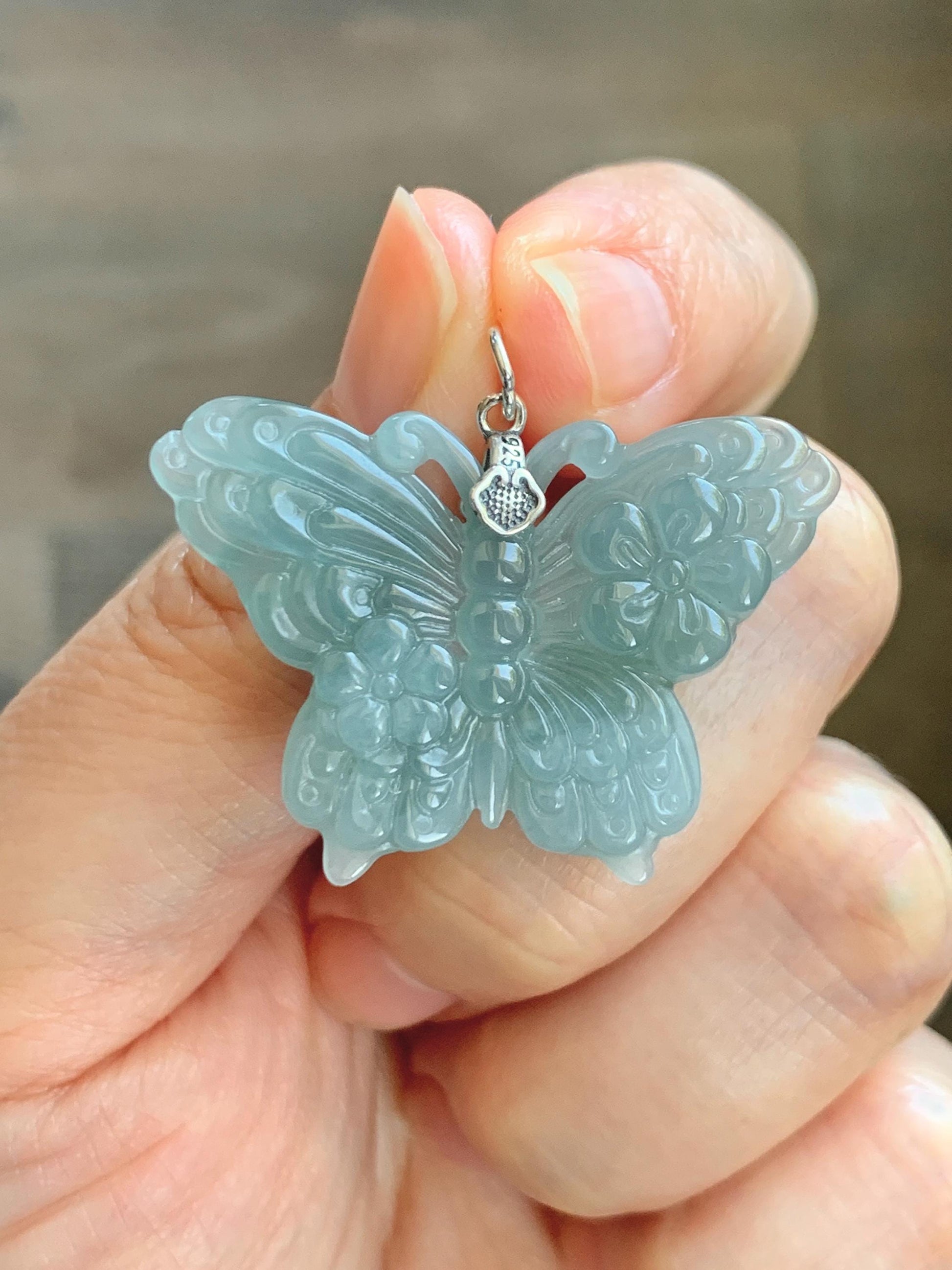 Natural Grade A Guatemalan Icy Translucent Dusty Teal Green Jade Jadeite Carved Butterfly Pendant Sterling Silver 7g 天然冰危暗蓝绿翡翠蝴蝶吊坠 WHZ110B