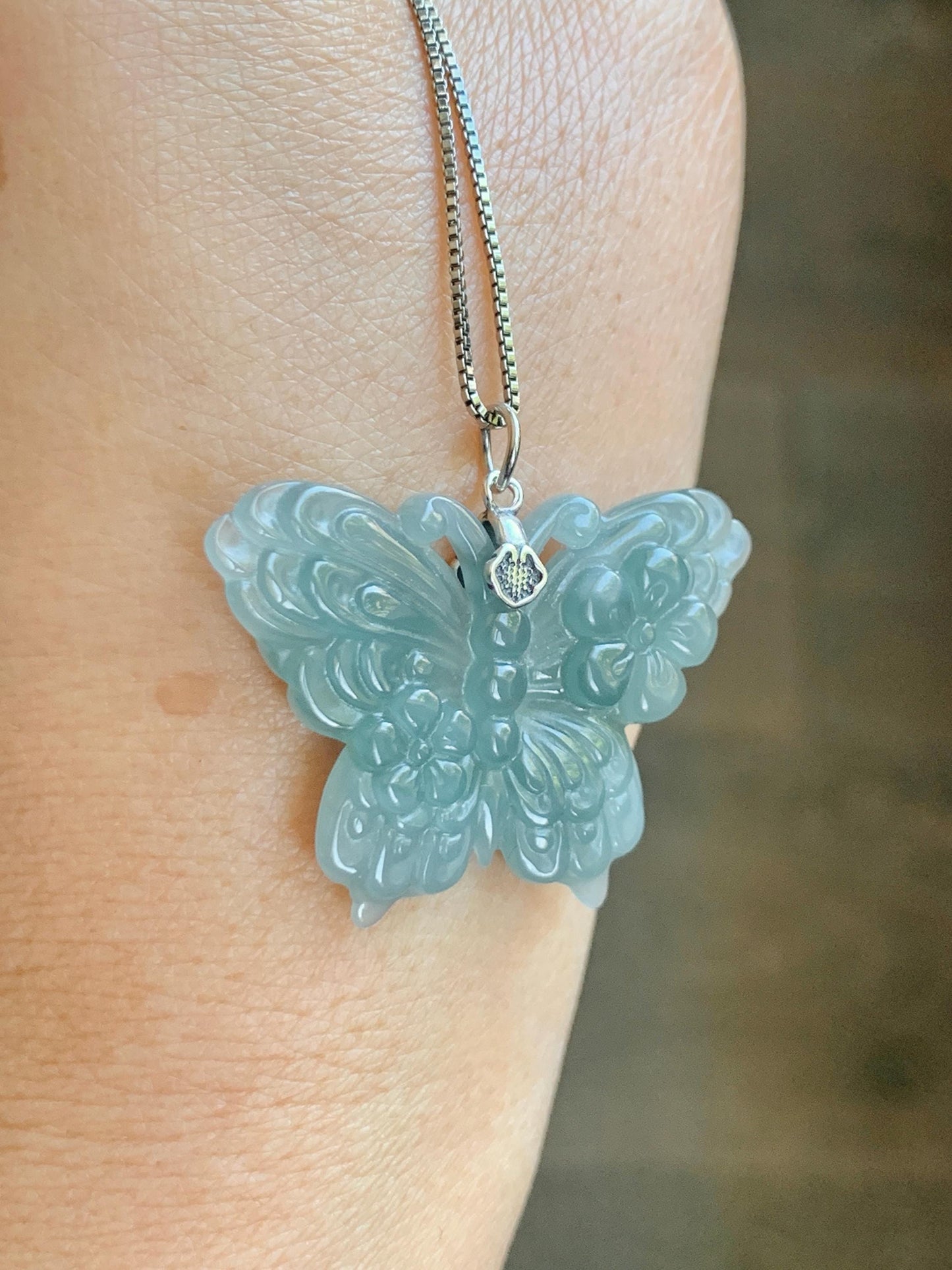 Natural Grade A Guatemalan Icy Translucent Dusty Teal Green Jade Jadeite Carved Butterfly Pendant Sterling Silver 7g 天然冰危暗蓝绿翡翠蝴蝶吊坠 WHZ110B