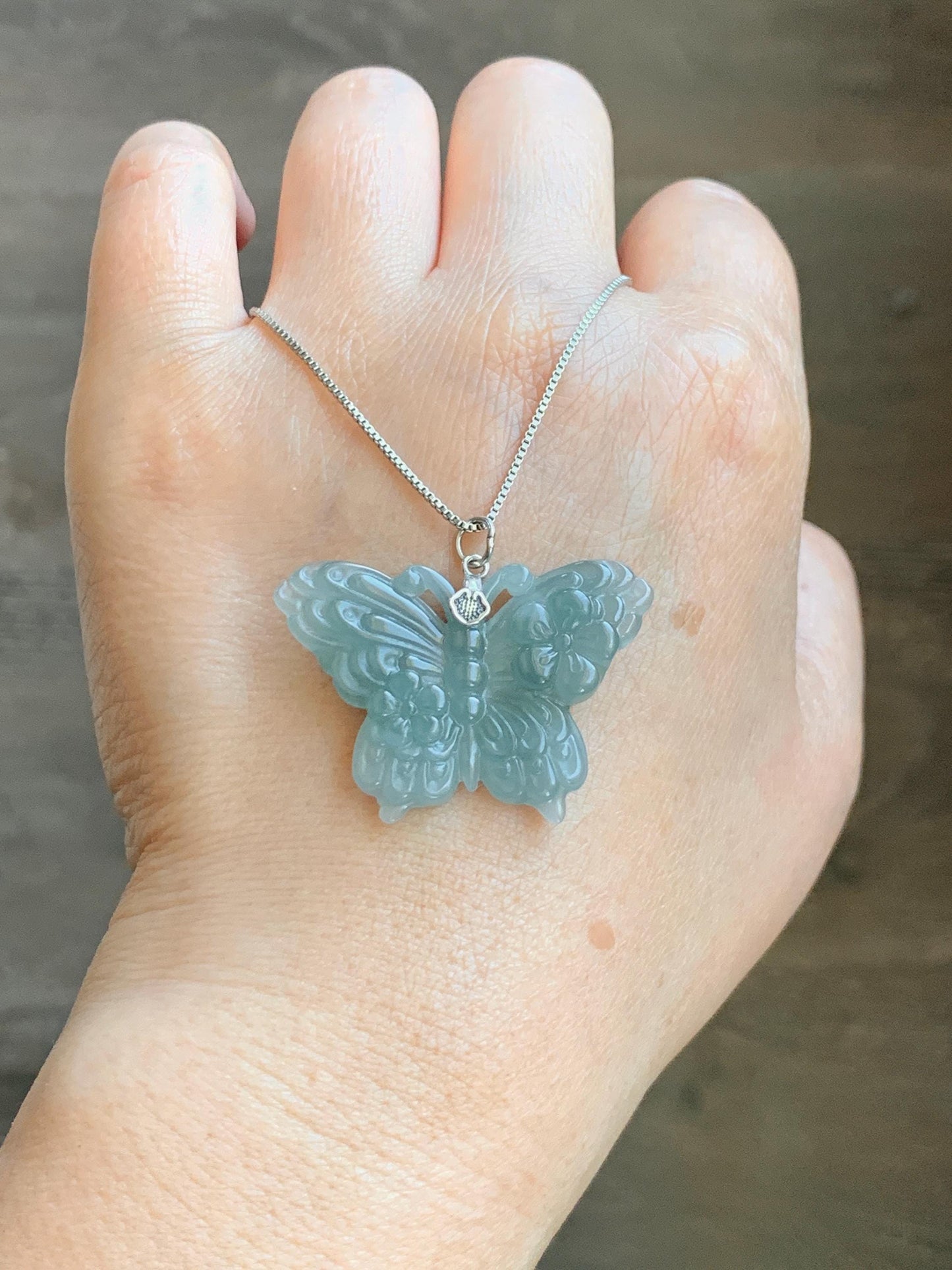 Natural Grade A Guatemalan Icy Translucent Dusty Teal Green Jade Jadeite Carved Butterfly Pendant Sterling Silver 7g 天然冰危暗蓝绿翡翠蝴蝶吊坠 WHZ110B