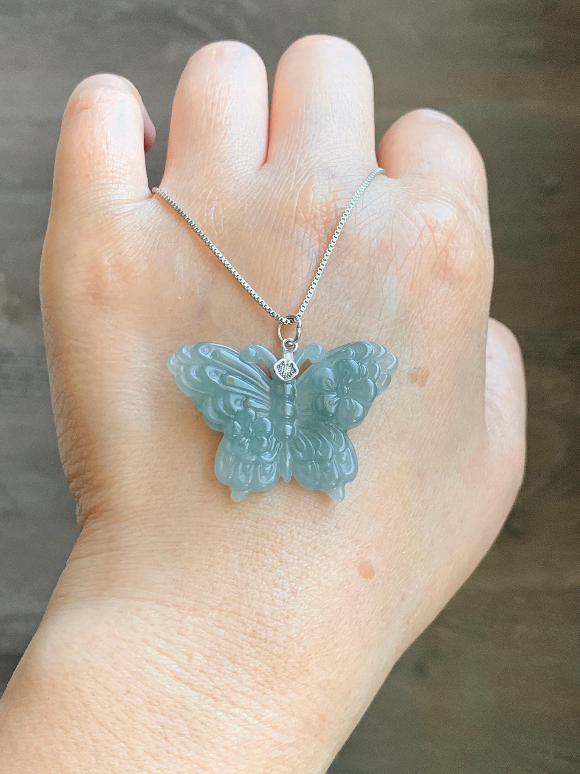 Natural Grade A Guatemalan Icy Translucent Dusty Teal Green Jade Jadeite Carved Butterfly Pendant Sterling Silver 7g 天然冰危暗蓝绿翡翠蝴蝶吊坠 WHZ110B
