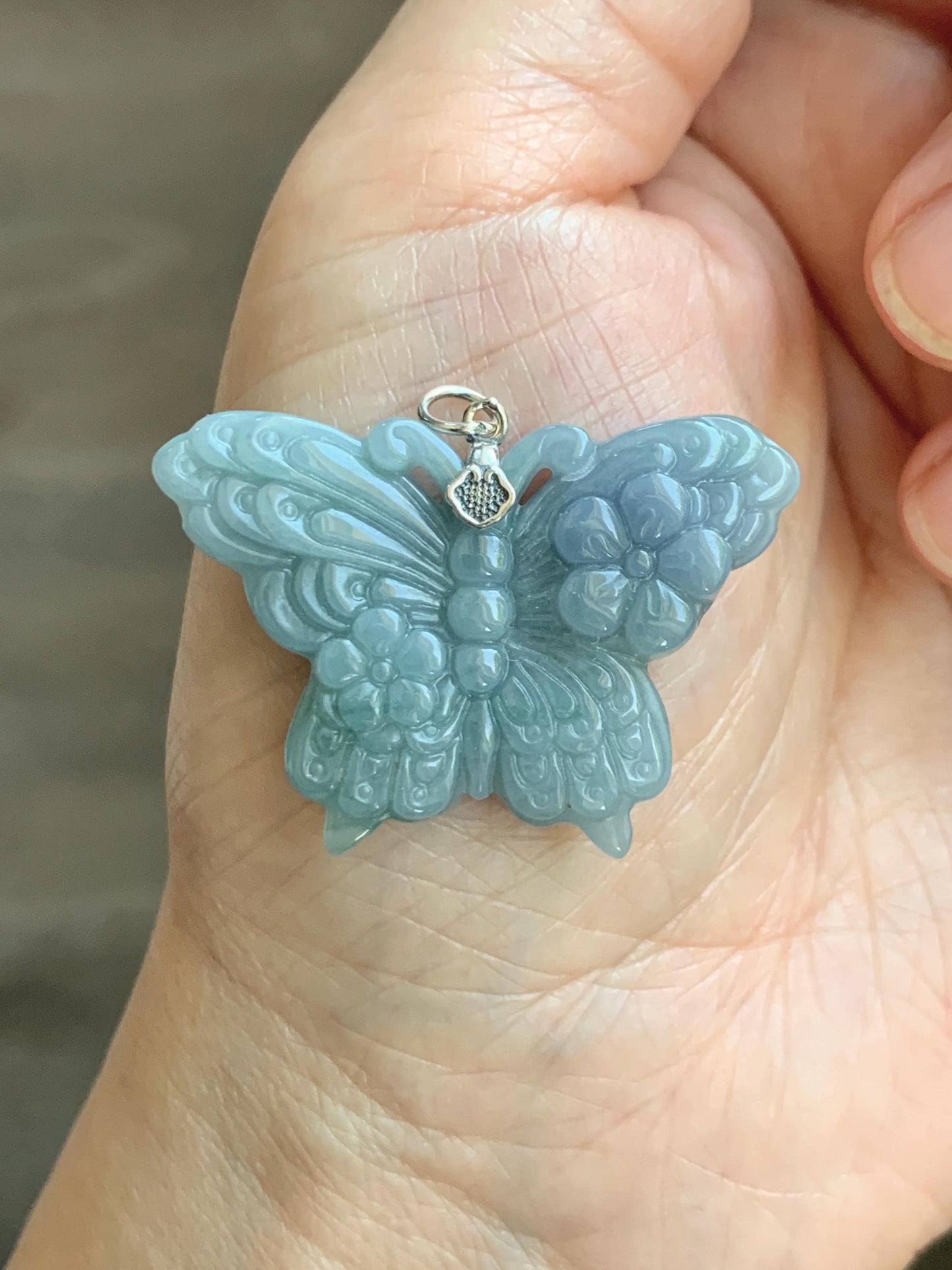 Natural Type A Guatemalan Icy Translucent Light Dusty Blue Purple Marbled Jadeite Butterfly Pendant Sterling Silver 天然冰危暗蓝飘紫翡翠蝴蝶吊坠 WHZ110A