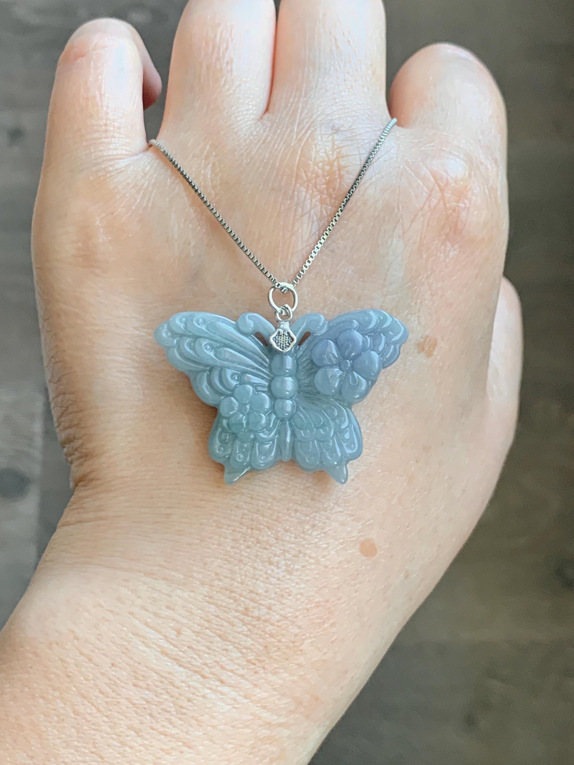 Natural Type A Guatemalan Icy Translucent Light Dusty Blue Purple Marbled Jadeite Butterfly Pendant Sterling Silver 天然冰危暗蓝飘紫翡翠蝴蝶吊坠 WHZ110A