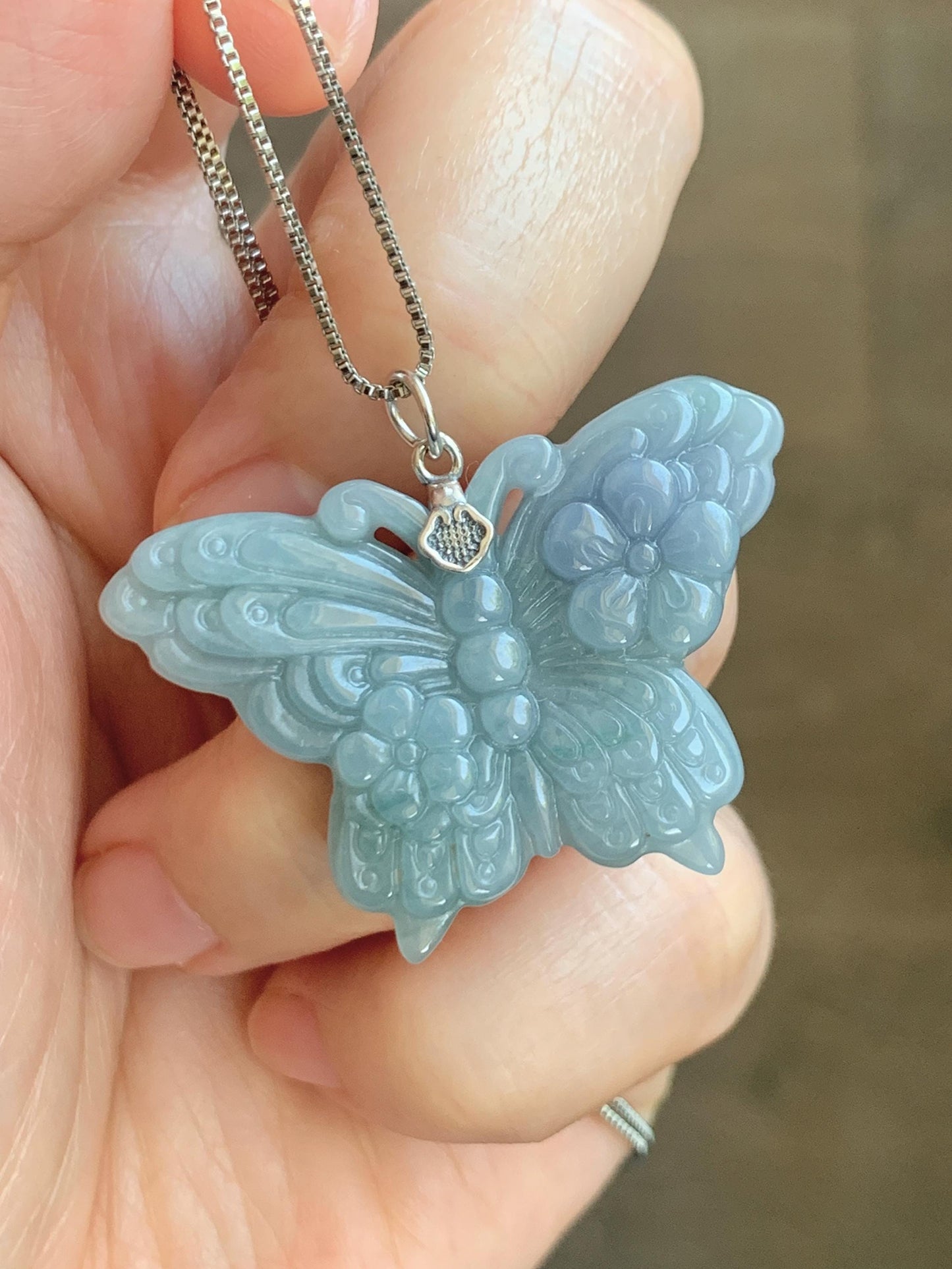 Natural Type A Guatemalan Icy Translucent Light Dusty Blue Purple Marbled Jadeite Butterfly Pendant Sterling Silver 天然冰危暗蓝飘紫翡翠蝴蝶吊坠 WHZ110A