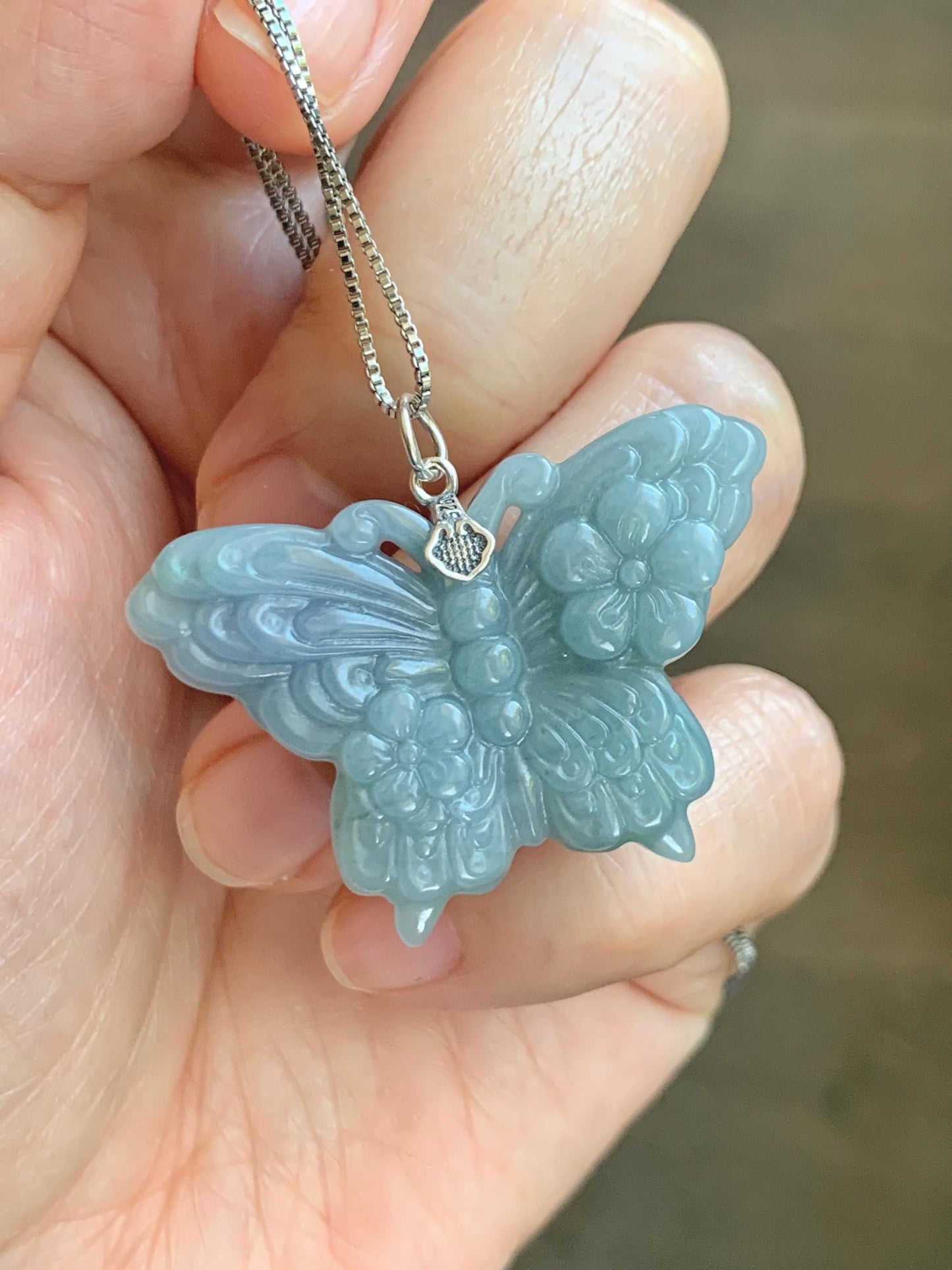 Natural Type A Guatemalan Icy Translucent Light Dusty Blue Purple Marbled Jadeite Butterfly Pendant Sterling Silver 天然冰危暗蓝飘紫翡翠蝴蝶吊坠 WHZ110A