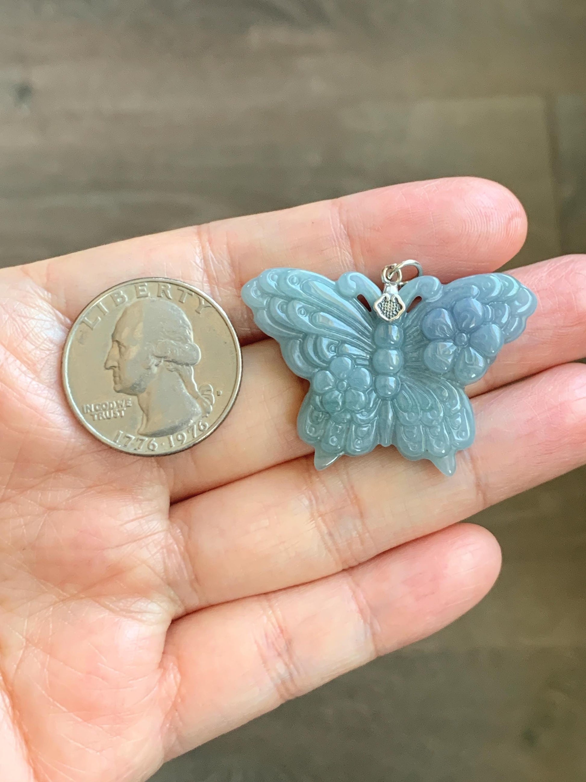 Natural Type A Guatemalan Icy Translucent Light Dusty Blue Purple Marbled Jadeite Butterfly Pendant Sterling Silver 天然冰危暗蓝飘紫翡翠蝴蝶吊坠 WHZ110A