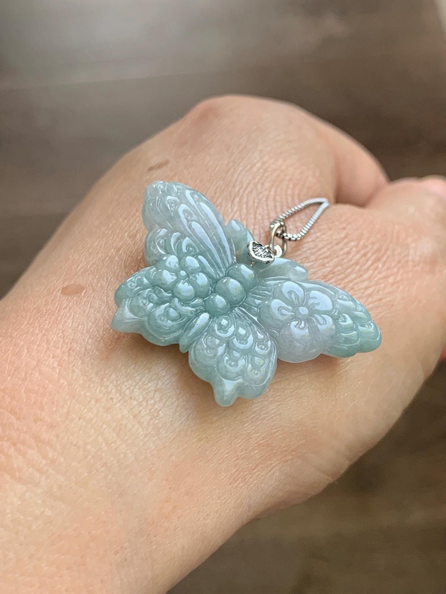 Natural Grade A Translucent Pastel Green & White Marbled Jade Jadeite Carved Butterfly Pendant Sterling Silver 8g 天然晴底加白翡翠蝴蝶吊坠 MHZ110B
