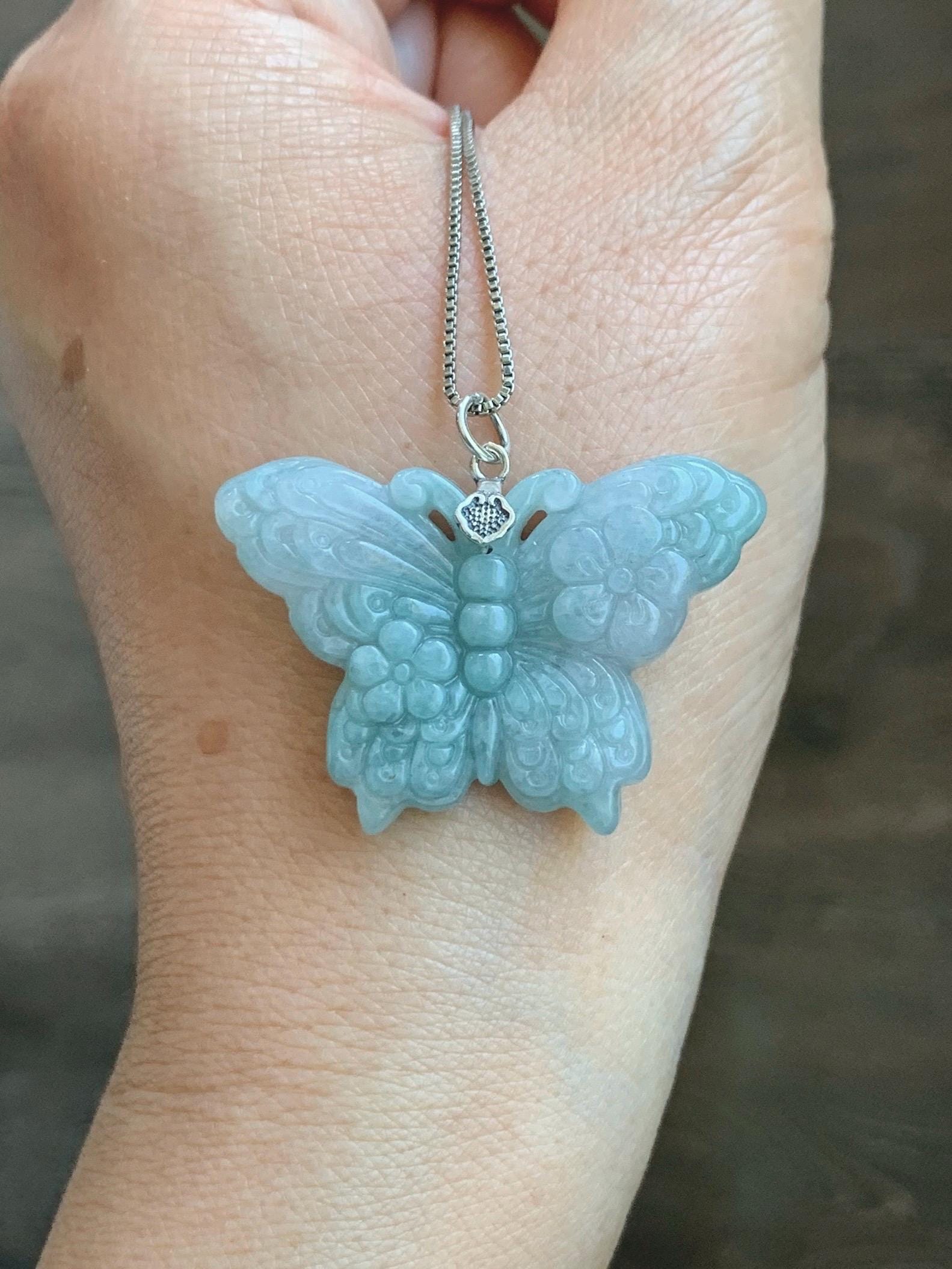 Natural Grade A Translucent Pastel Green & White Marbled Jade Jadeite Carved Butterfly Pendant Sterling Silver 8g 天然晴底加白翡翠蝴蝶吊坠 MHZ110B