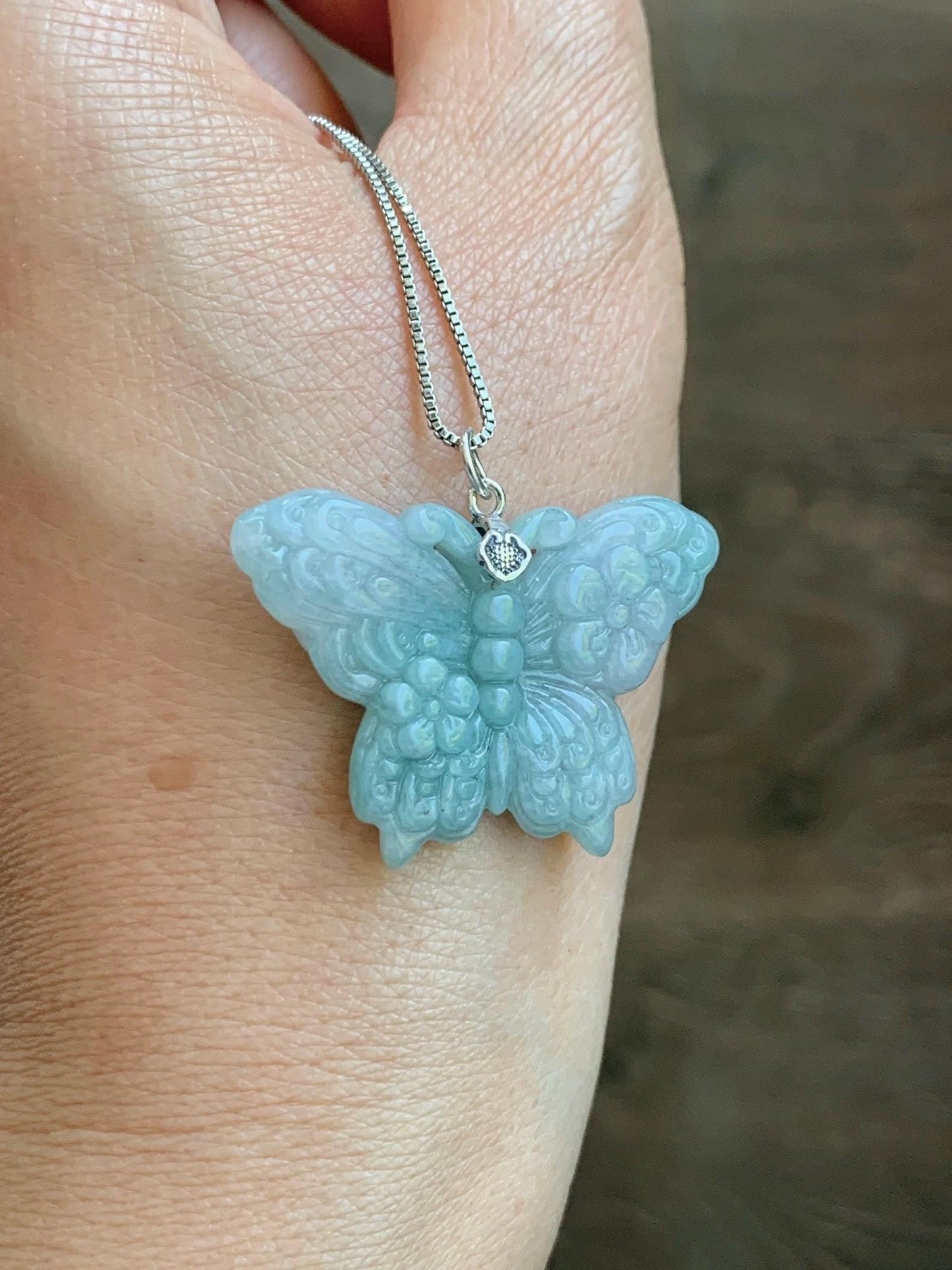 Natural Grade A Translucent Pastel Green & White Marbled Jade Jadeite Carved Butterfly Pendant Sterling Silver 8g 天然晴底加白翡翠蝴蝶吊坠 MHZ110B