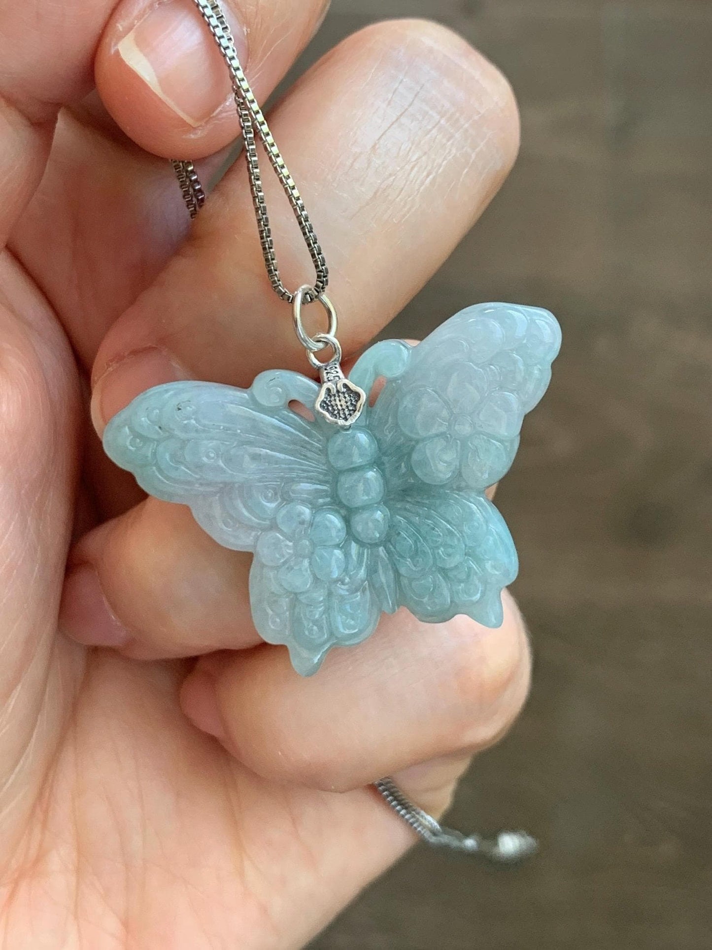Natural Grade A Translucent Pastel Green & White Marbled Jade Jadeite Carved Butterfly Pendant Sterling Silver 8g 天然晴底加白翡翠蝴蝶吊坠 MHZ110B