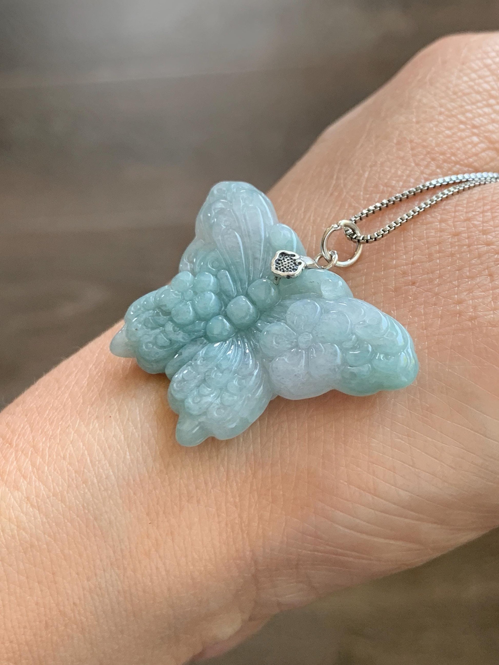 Natural Grade A Translucent Pastel Green & White Marbled Jade Jadeite Carved Butterfly Pendant Sterling Silver 8g 天然晴底加白翡翠蝴蝶吊坠 MHZ110B