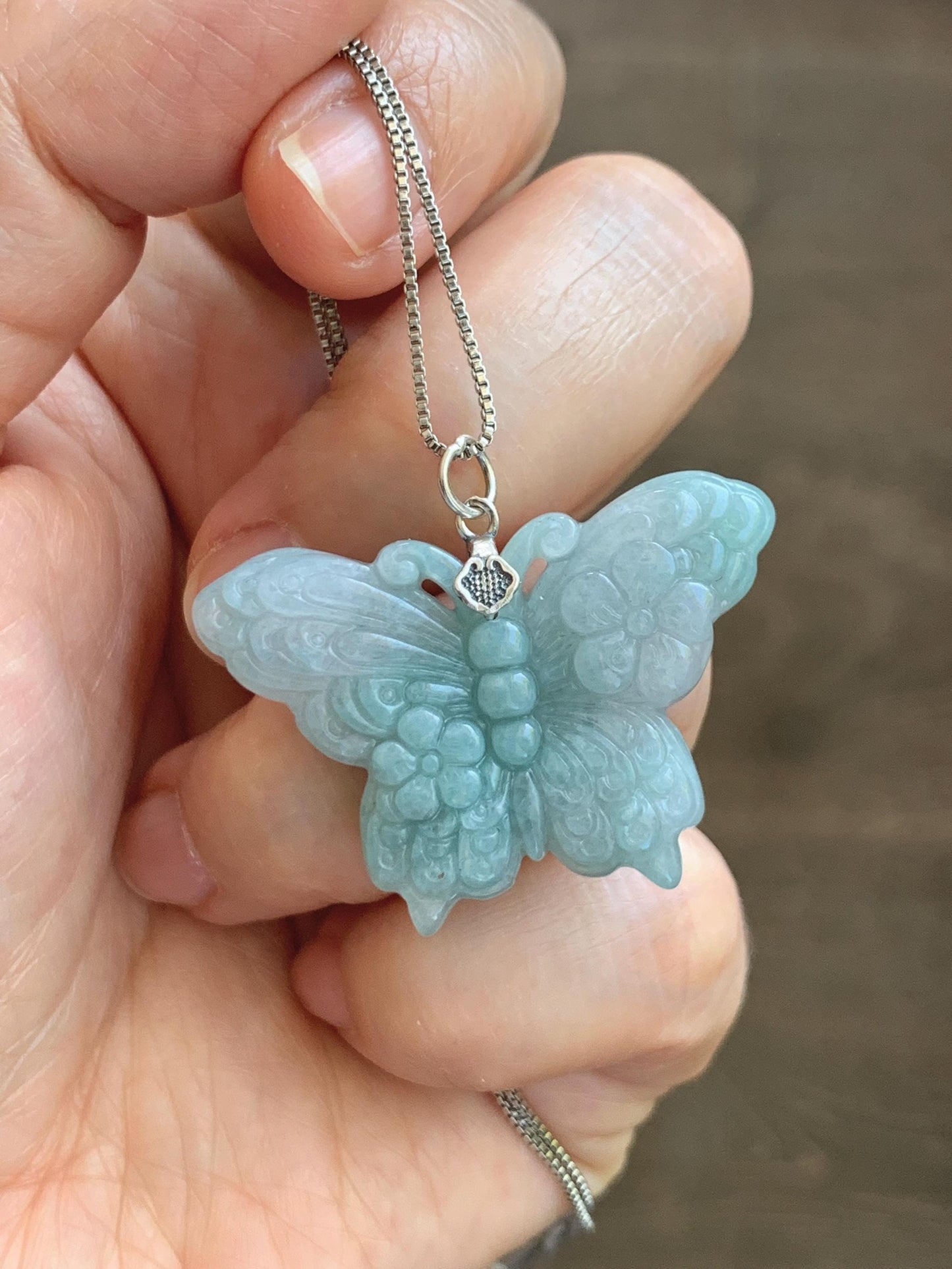 Natural Grade A Translucent Pastel Green & White Marbled Jade Jadeite Carved Butterfly Pendant Sterling Silver 8g 天然晴底加白翡翠蝴蝶吊坠 MHZ110B