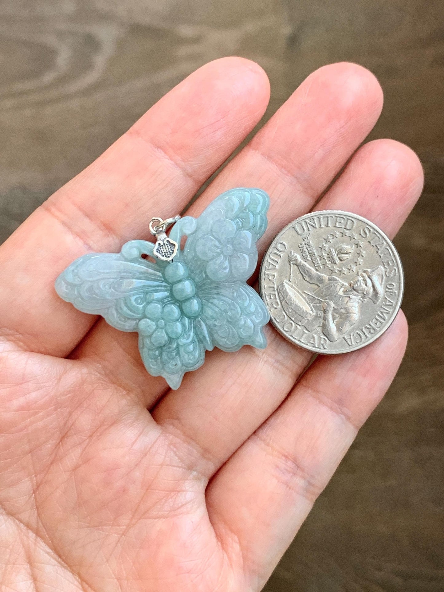 Natural Grade A Translucent Pastel Green & White Marbled Jade Jadeite Carved Butterfly Pendant Sterling Silver 8g 天然晴底加白翡翠蝴蝶吊坠 MHZ110B