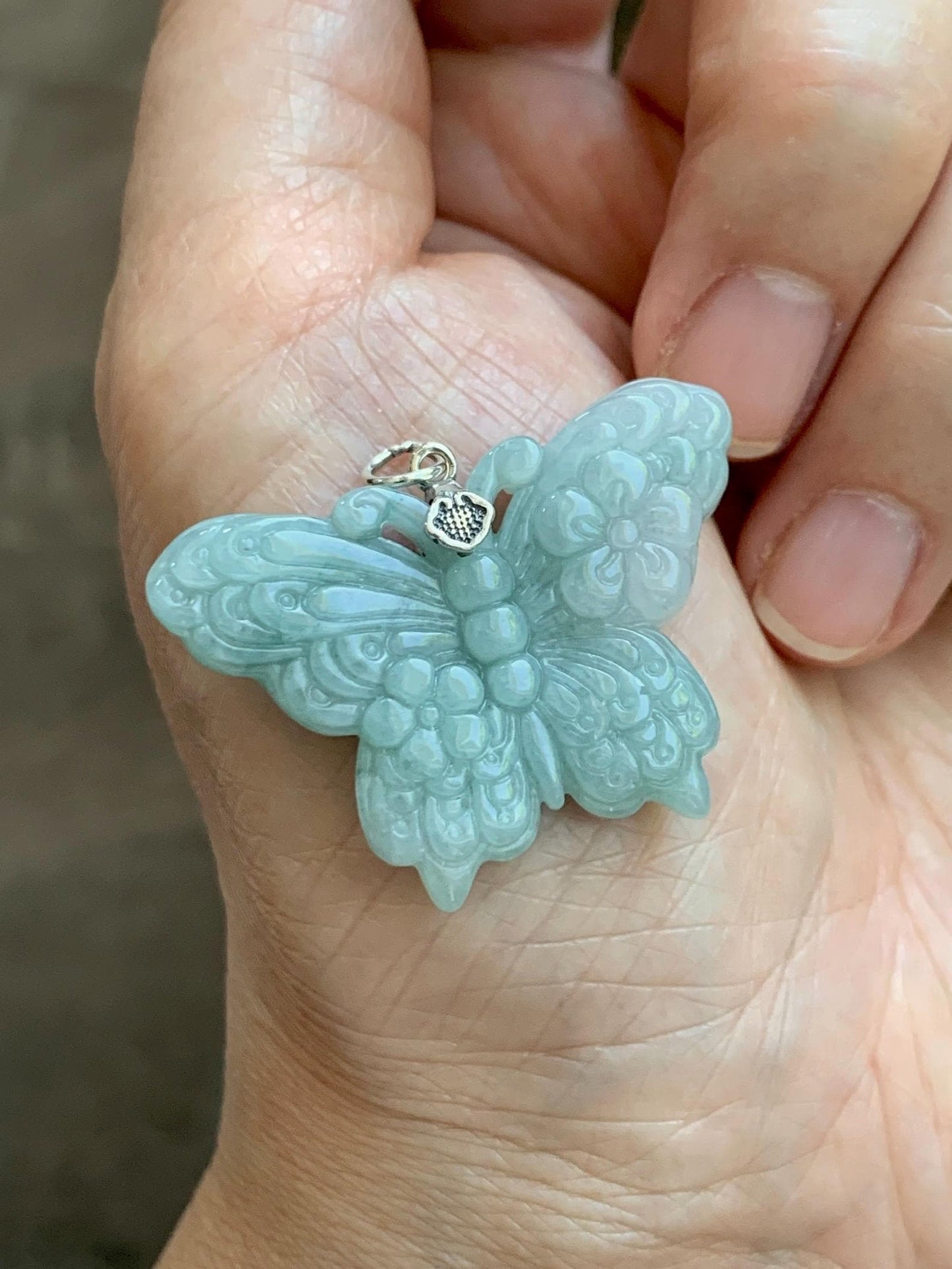 Natural Grade A Translucent Pastel Green & White Marbled Jade Jadeite Carved Butterfly Pendant Sterling Silver 8g 天然晴底加白翡翠蝴蝶吊坠 MHZ110A