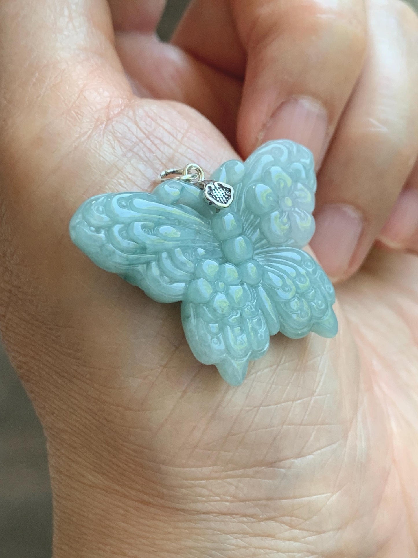 Natural Grade A Translucent Pastel Green & White Marbled Jade Jadeite Carved Butterfly Pendant Sterling Silver 8g 天然晴底加白翡翠蝴蝶吊坠 MHZ110A