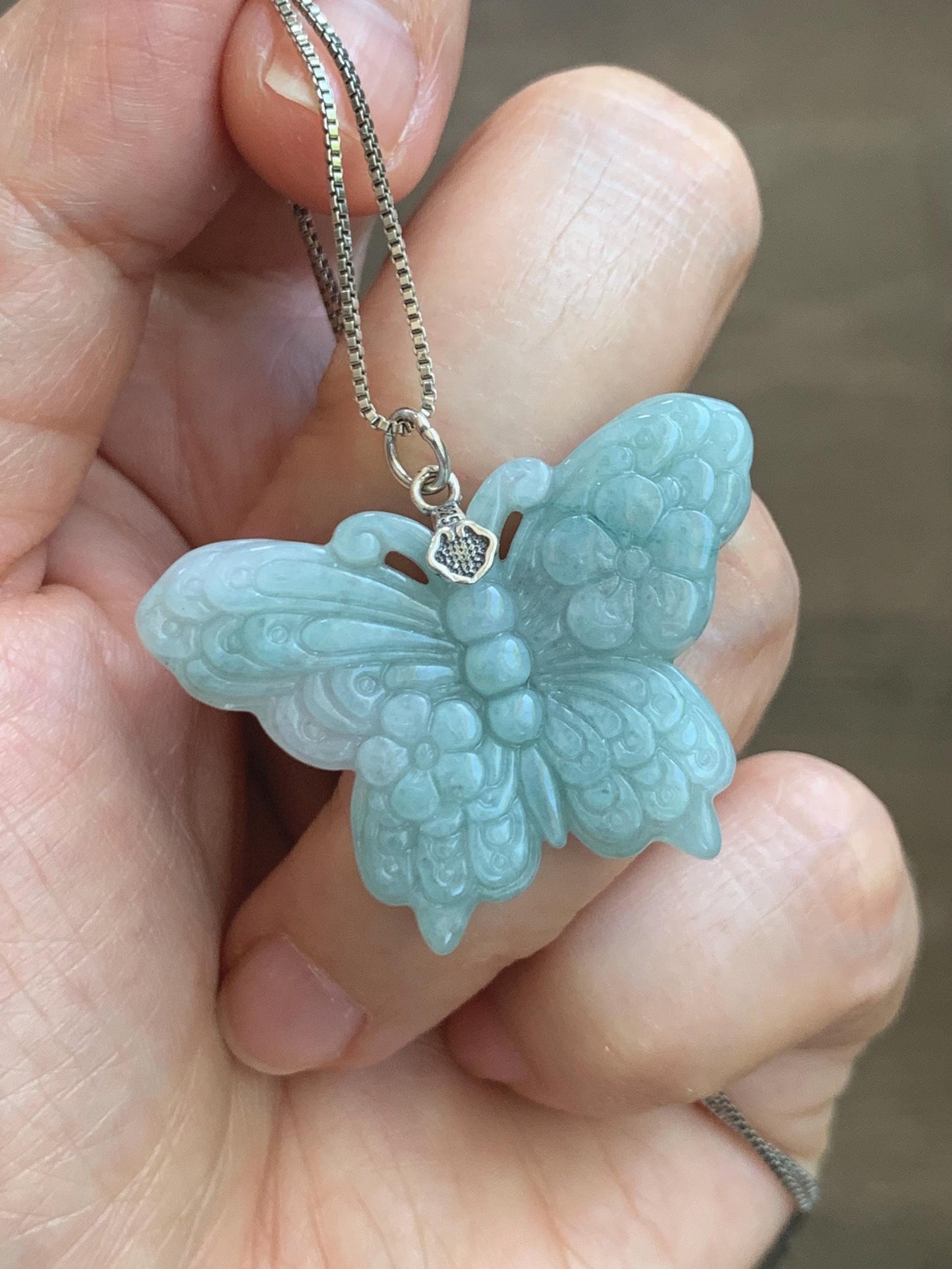 Natural Grade A Translucent Pastel Green & White Marbled Jade Jadeite Carved Butterfly Pendant Sterling Silver 8g 天然晴底加白翡翠蝴蝶吊坠 MHZ110A