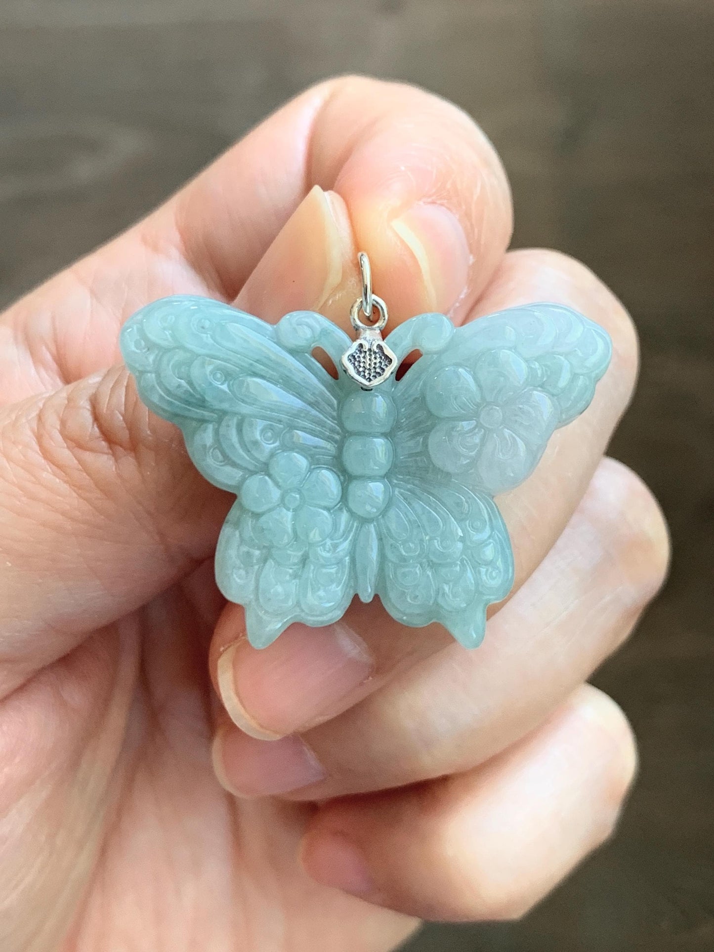 Natural Grade A Translucent Pastel Green & White Marbled Jade Jadeite Carved Butterfly Pendant Sterling Silver 8g 天然晴底加白翡翠蝴蝶吊坠 MHZ110A