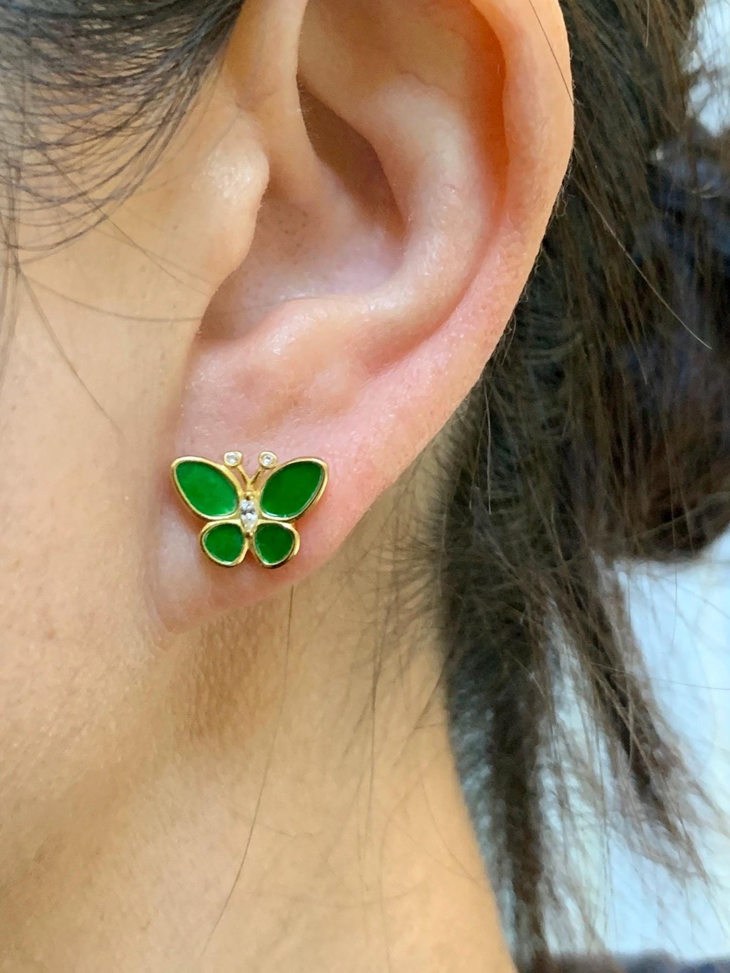 Certified Natural Grade A Icy Vibrant Green Jade Jadeite & Mother Of Pearl Butterfly Stud Earrings Sterling Silver 天然阳绿花青翡翠贝母银镶蝴蝶耳钉 440