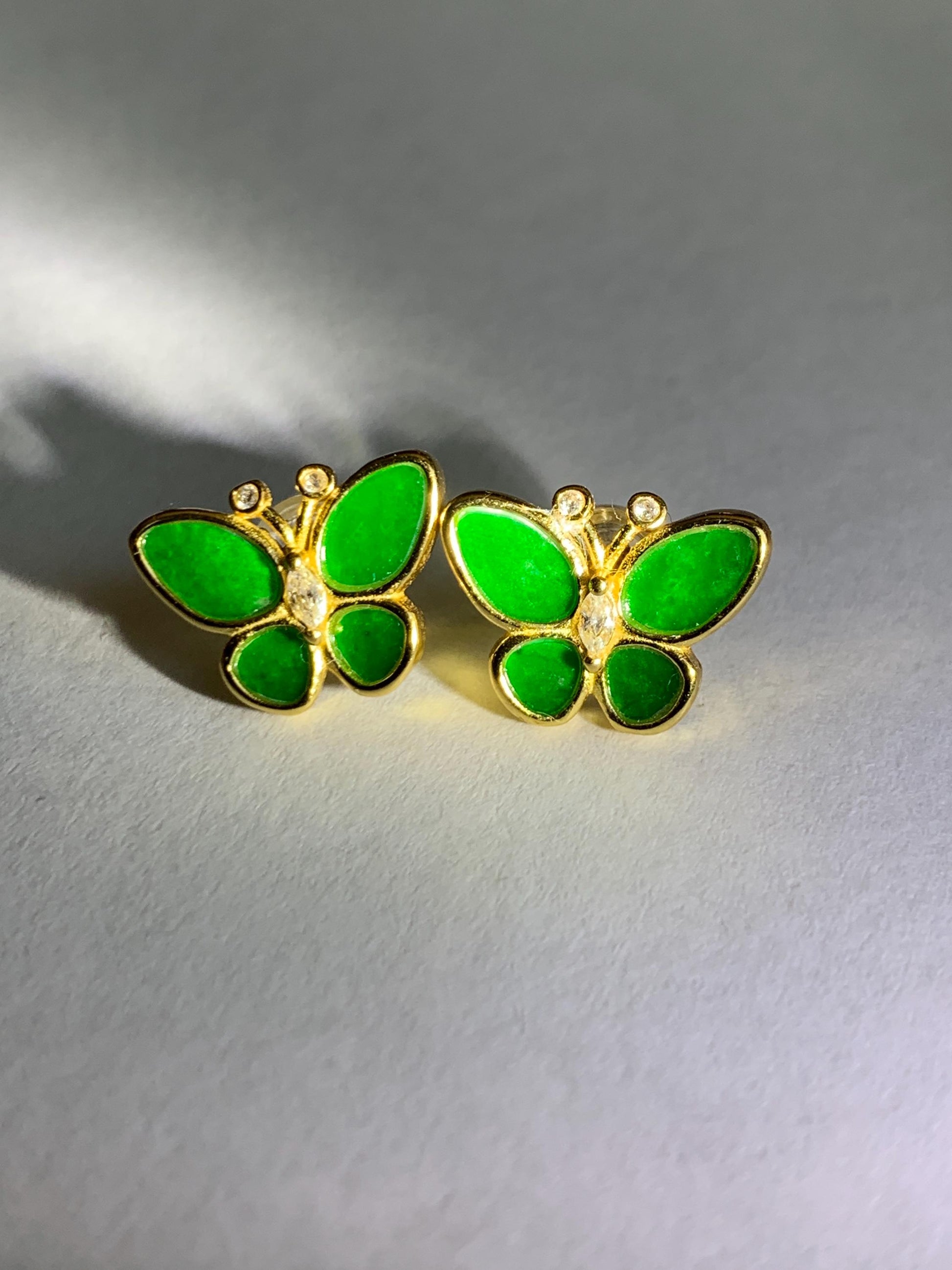 Certified Natural Grade A Icy Vibrant Green Jade Jadeite & Mother Of Pearl Butterfly Stud Earrings Sterling Silver 天然阳绿花青翡翠贝母银镶蝴蝶耳钉 440