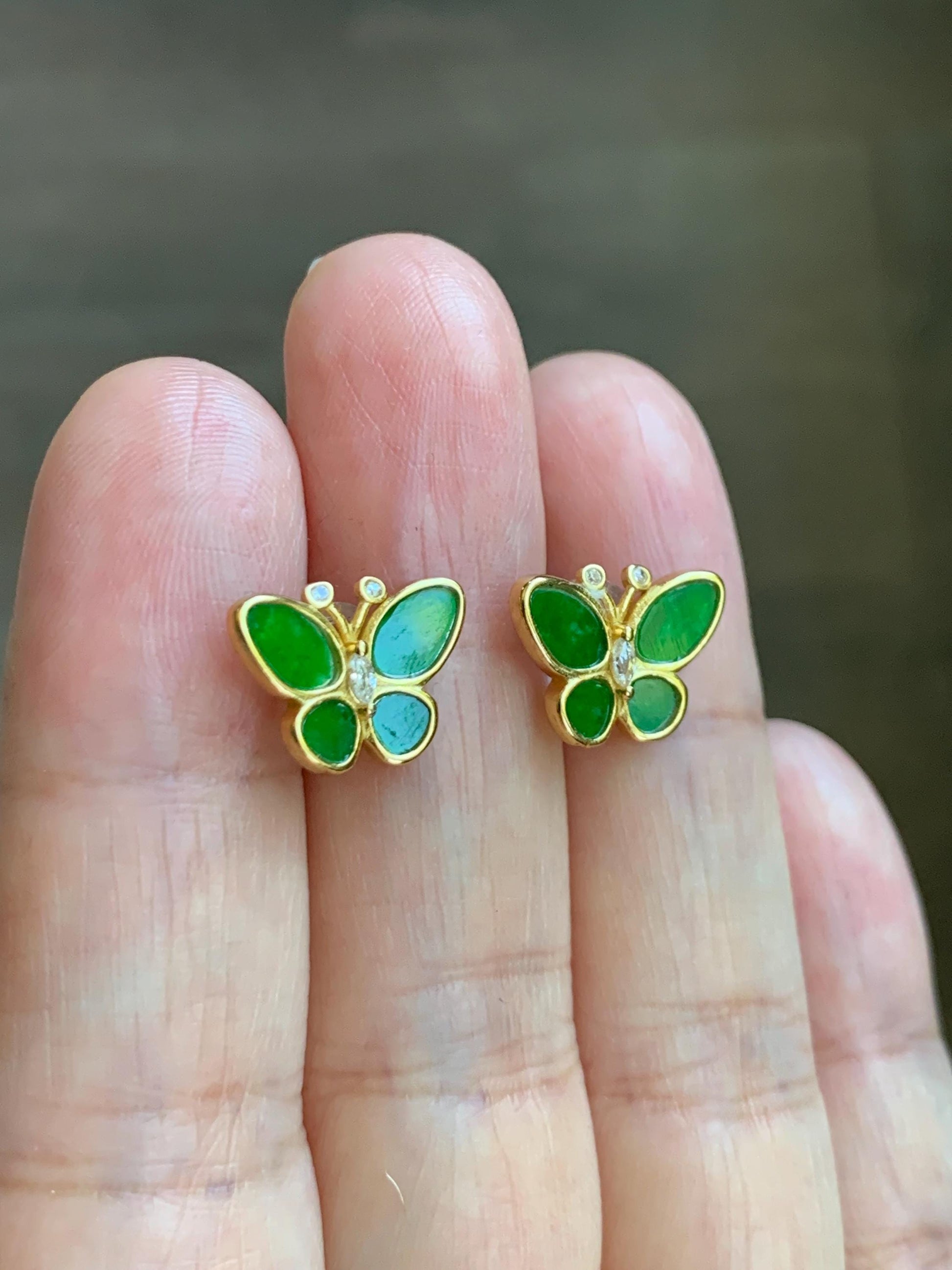 Certified Natural Grade A Icy Vibrant Green Jade Jadeite & Mother Of Pearl Butterfly Stud Earrings Sterling Silver 天然阳绿花青翡翠贝母银镶蝴蝶耳钉 440