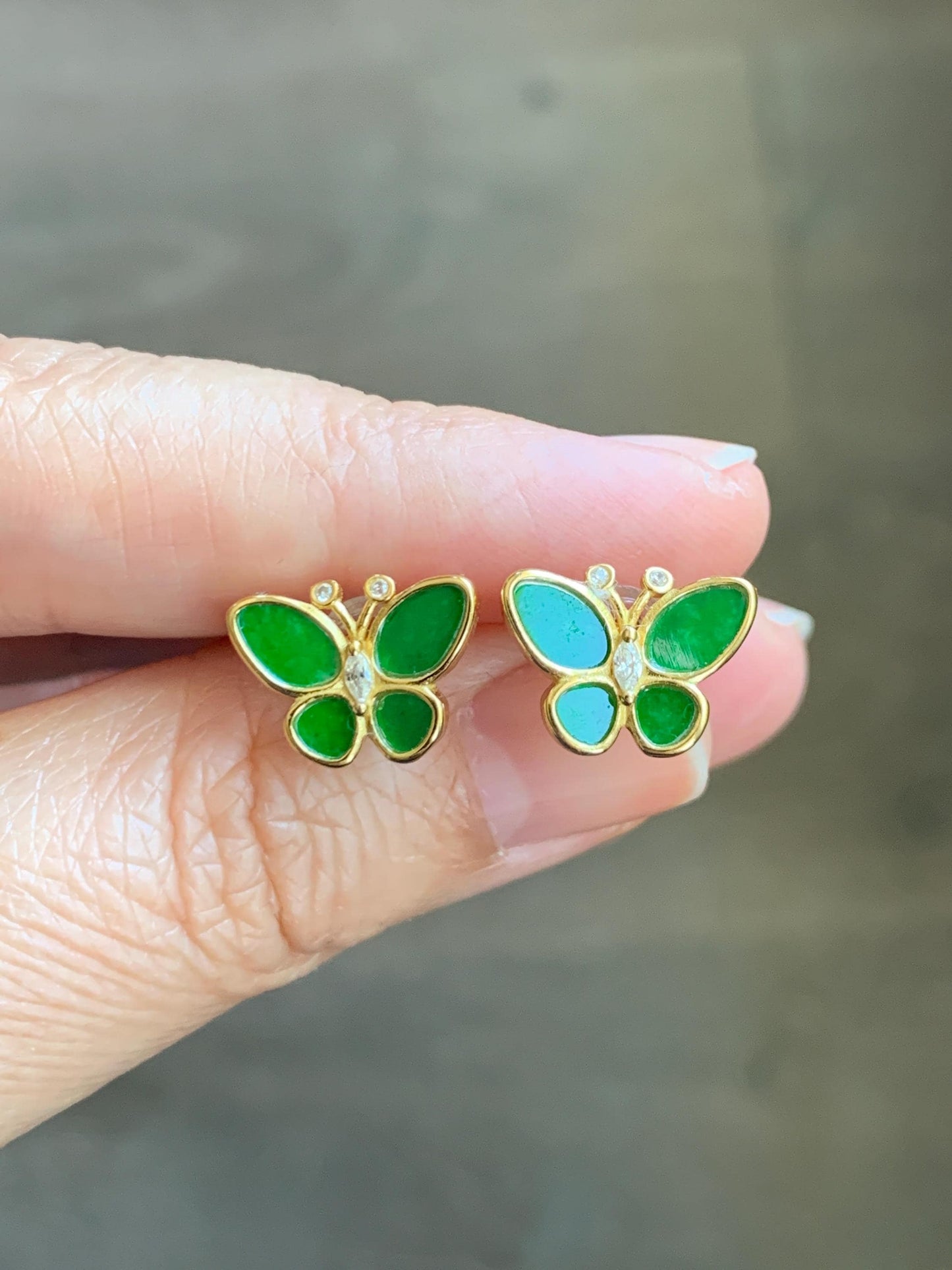 Certified Natural Grade A Icy Vibrant Green Jade Jadeite & Mother Of Pearl Butterfly Stud Earrings Sterling Silver 天然阳绿花青翡翠贝母银镶蝴蝶耳钉 440
