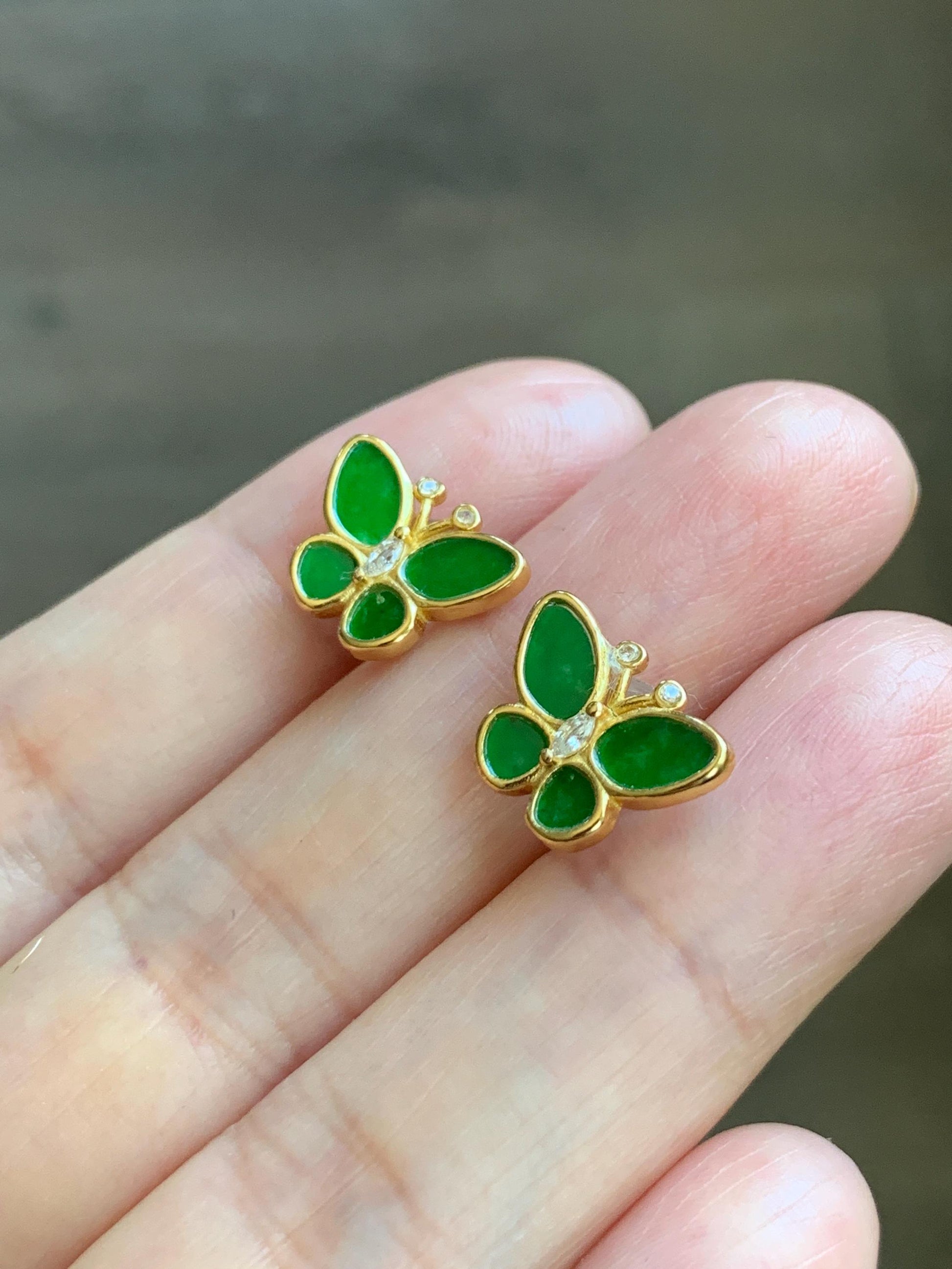 Certified Natural Grade A Icy Vibrant Green Jade Jadeite & Mother Of Pearl Butterfly Stud Earrings Sterling Silver 天然阳绿花青翡翠贝母银镶蝴蝶耳钉 440
