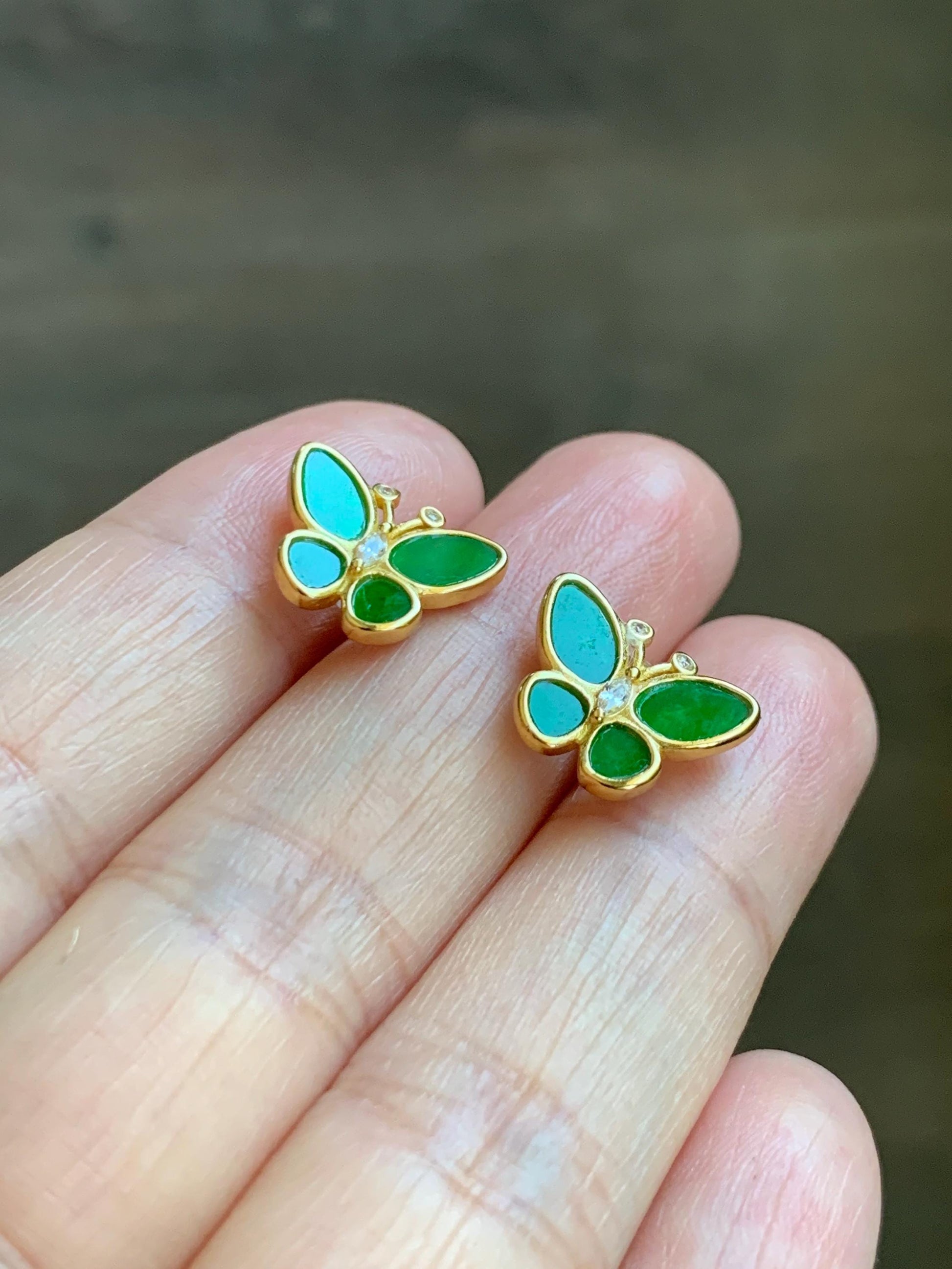 Certified Natural Grade A Icy Vibrant Green Jade Jadeite & Mother Of Pearl Butterfly Stud Earrings Sterling Silver 天然阳绿花青翡翠贝母银镶蝴蝶耳钉 440
