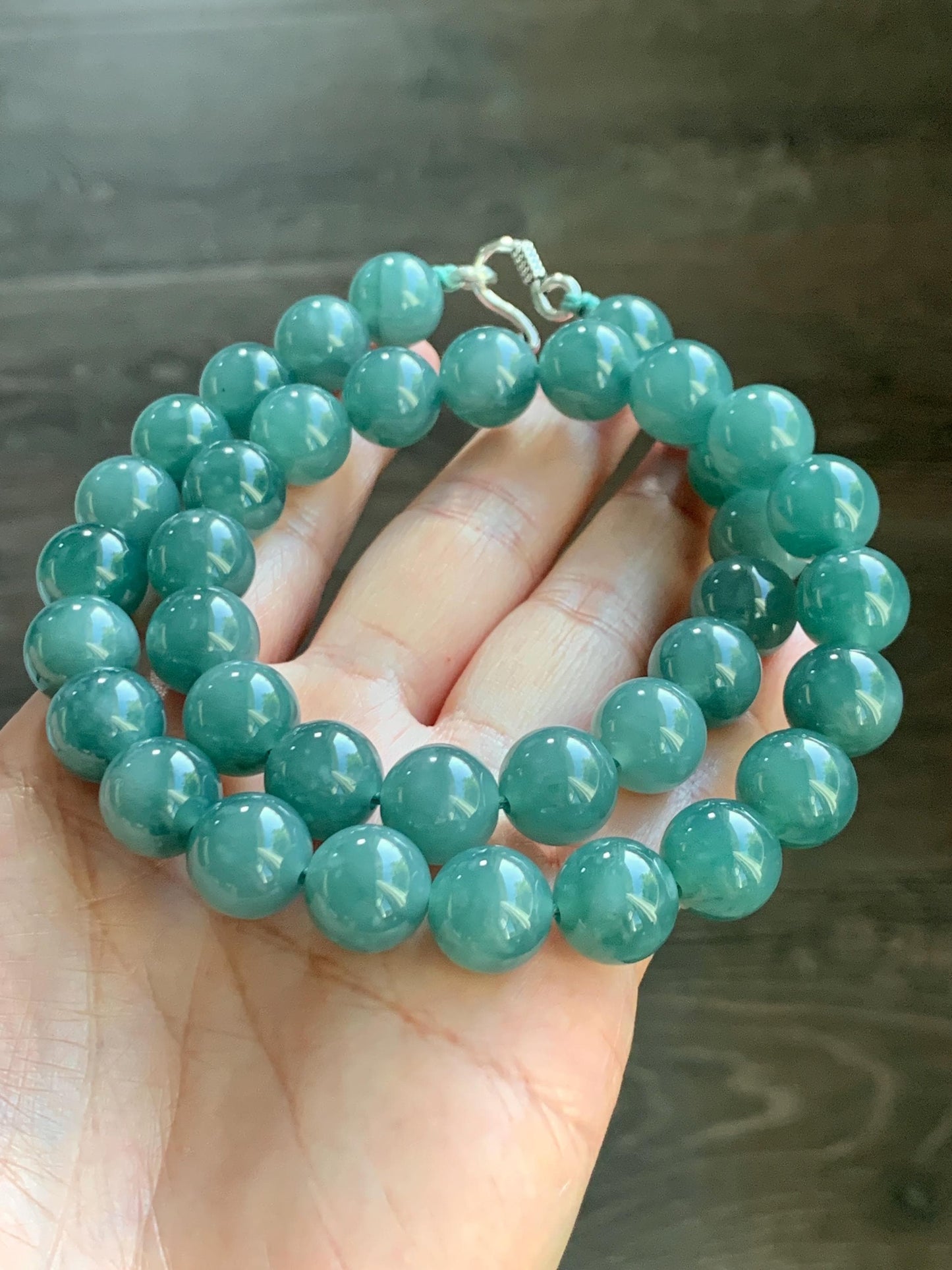 Natural Grade A Guatemalan Icy Translucent Dark Teal Green Jade Jadeite Beaded Necklace 18” 11.8mm Sterling Silver 天然冰危深蓝绿翡翠大卡圆珠项链 WDT580