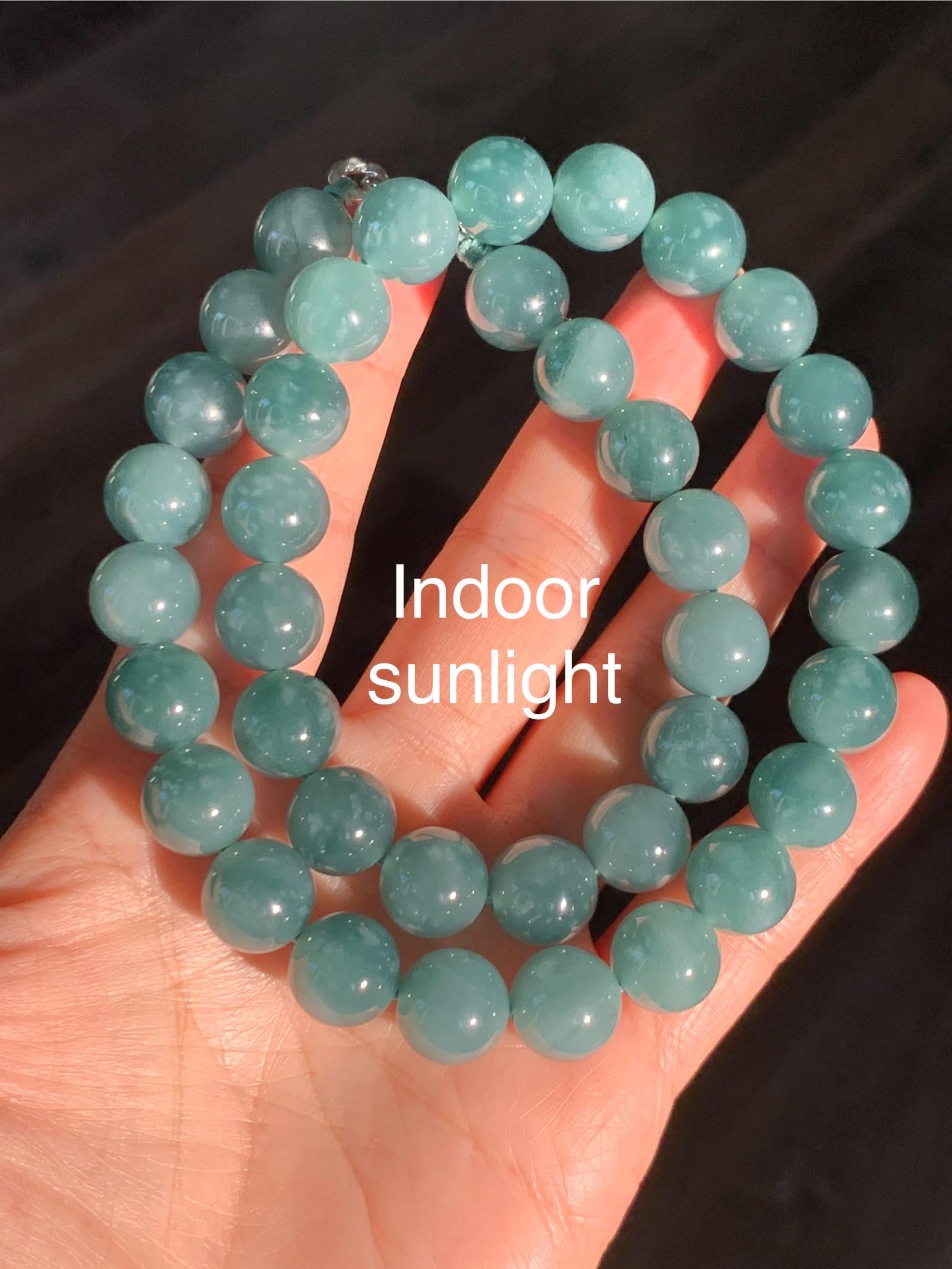 Natural Grade A Guatemalan Icy Translucent Dark Teal Green Jade Jadeite Beaded Necklace 18” 11.8mm Sterling Silver 天然冰危深蓝绿翡翠大卡圆珠项链 WDT580