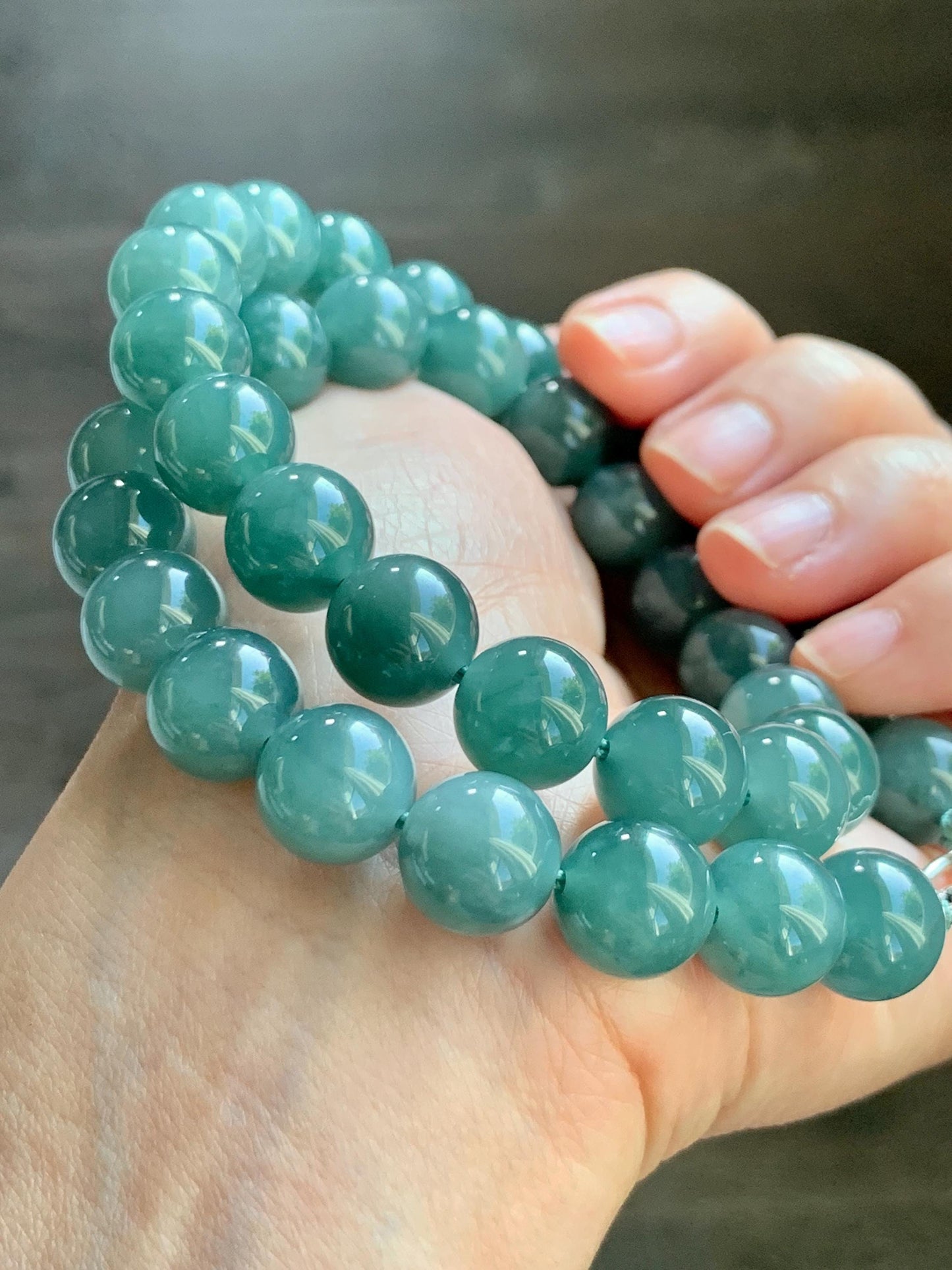 Natural Grade A Guatemalan Icy Translucent Dark Teal Green Jade Jadeite Beaded Necklace 18” 11.8mm Sterling Silver 天然冰危深蓝绿翡翠大卡圆珠项链 WDT580