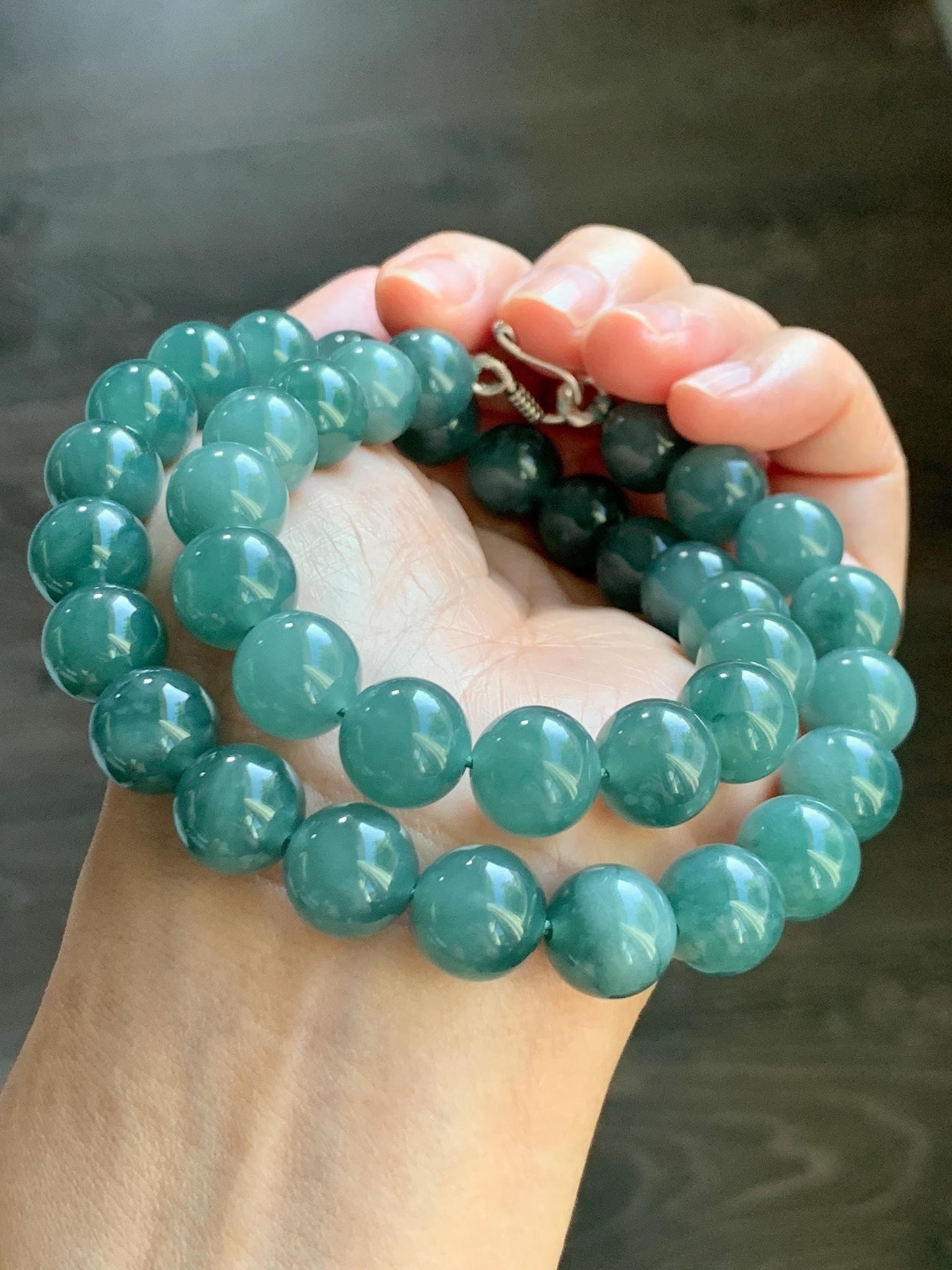 Natural Grade A Guatemalan Icy Translucent Dark Teal Green Jade Jadeite Beaded Necklace 18” 11.8mm Sterling Silver 天然冰危深蓝绿翡翠大卡圆珠项链 WDT580