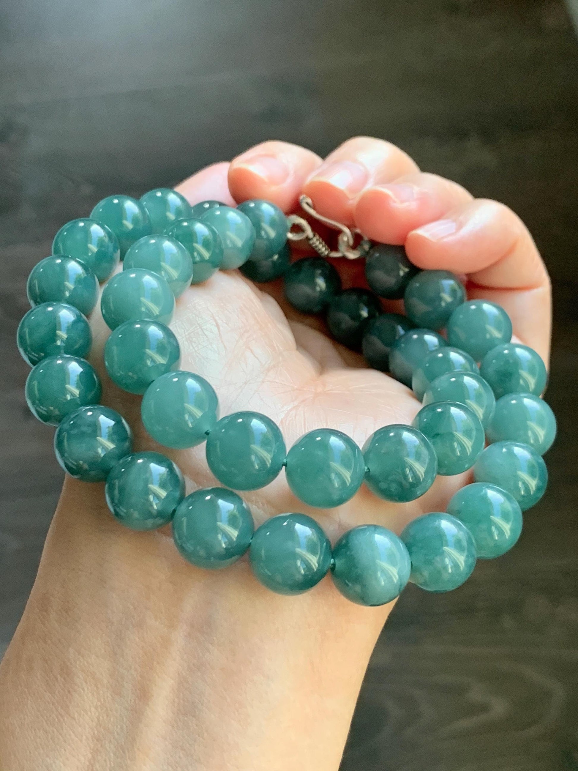 Natural Grade A Guatemalan Icy Translucent Dark Teal Green Jade Jadeite Beaded Necklace 18” 11.8mm Sterling Silver 天然冰危深蓝绿翡翠大卡圆珠项链 WDT580