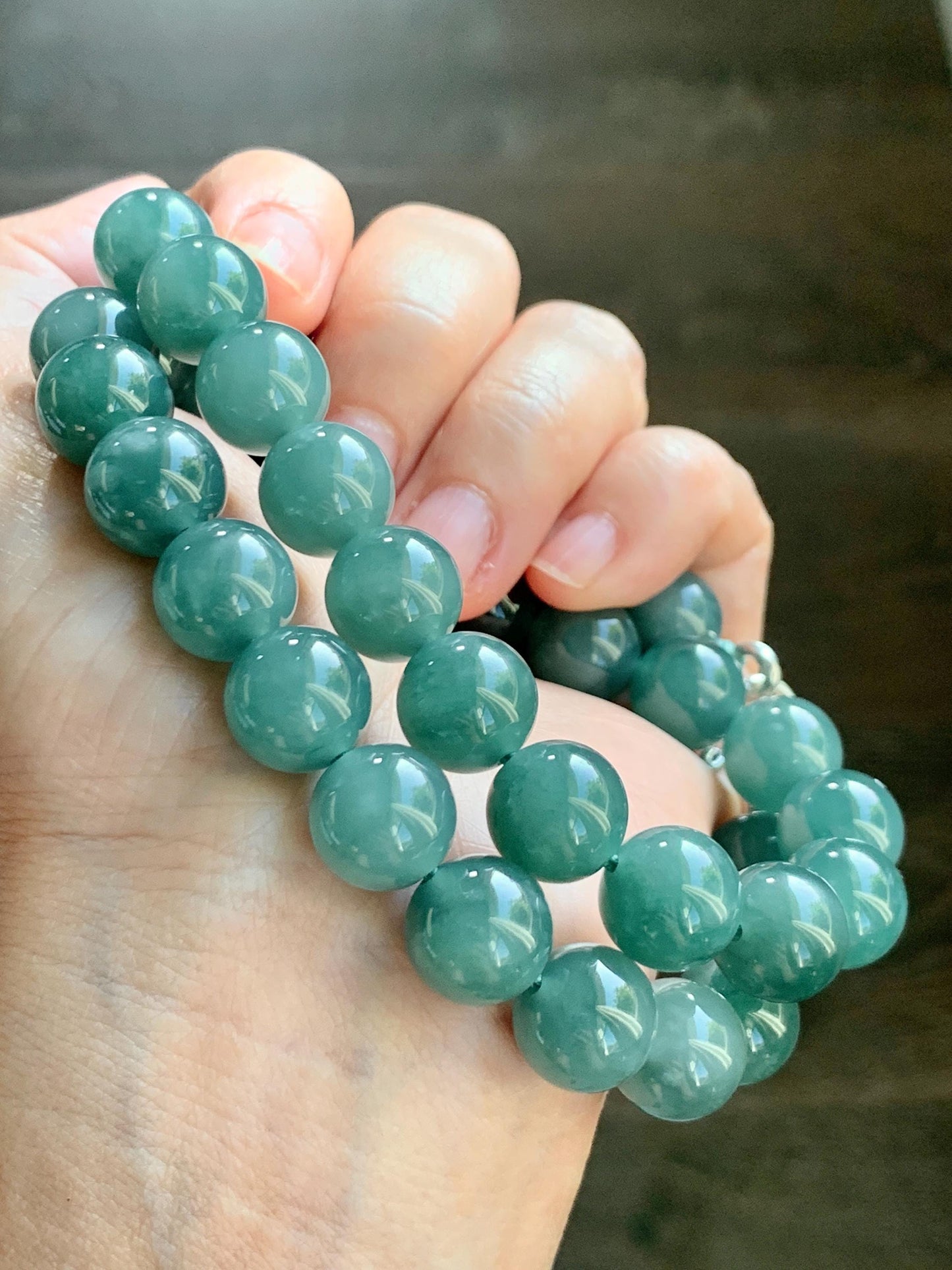 Natural Grade A Guatemalan Icy Translucent Dark Teal Green Jade Jadeite Beaded Necklace 18” 11.8mm Sterling Silver 天然冰危深蓝绿翡翠大卡圆珠项链 WDT580