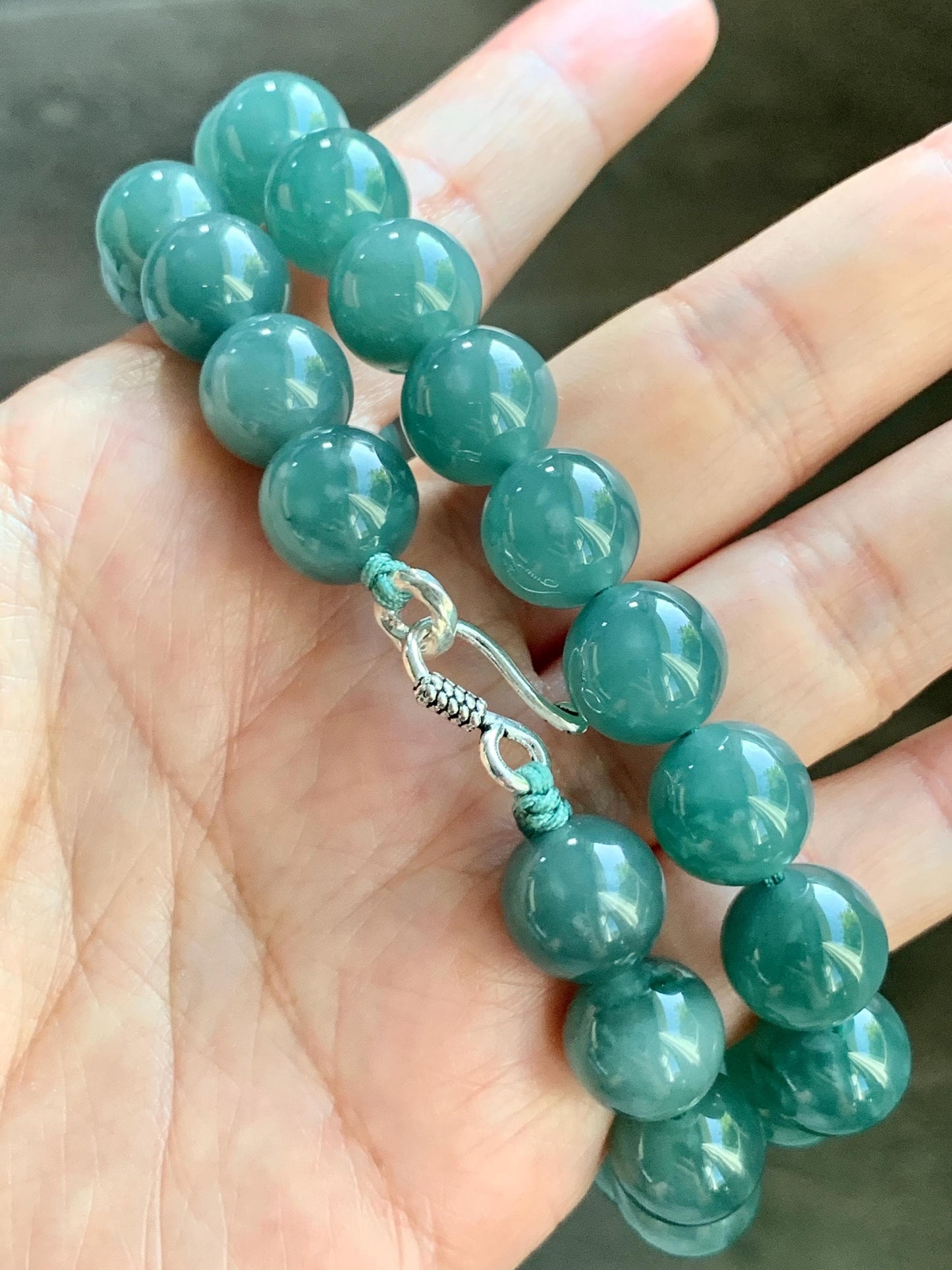 Natural Grade A Guatemalan Icy Translucent Dark Teal Green Jade Jadeite Beaded Necklace 18” 11.8mm Sterling Silver 天然冰危深蓝绿翡翠大卡圆珠项链 WDT580
