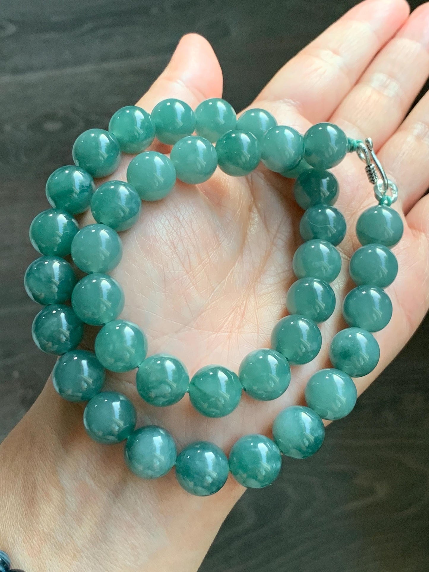 Natural Grade A Guatemalan Icy Translucent Dark Teal Green Jade Jadeite Beaded Necklace 18” 11.8mm Sterling Silver 天然冰危深蓝绿翡翠大卡圆珠项链 WDT580