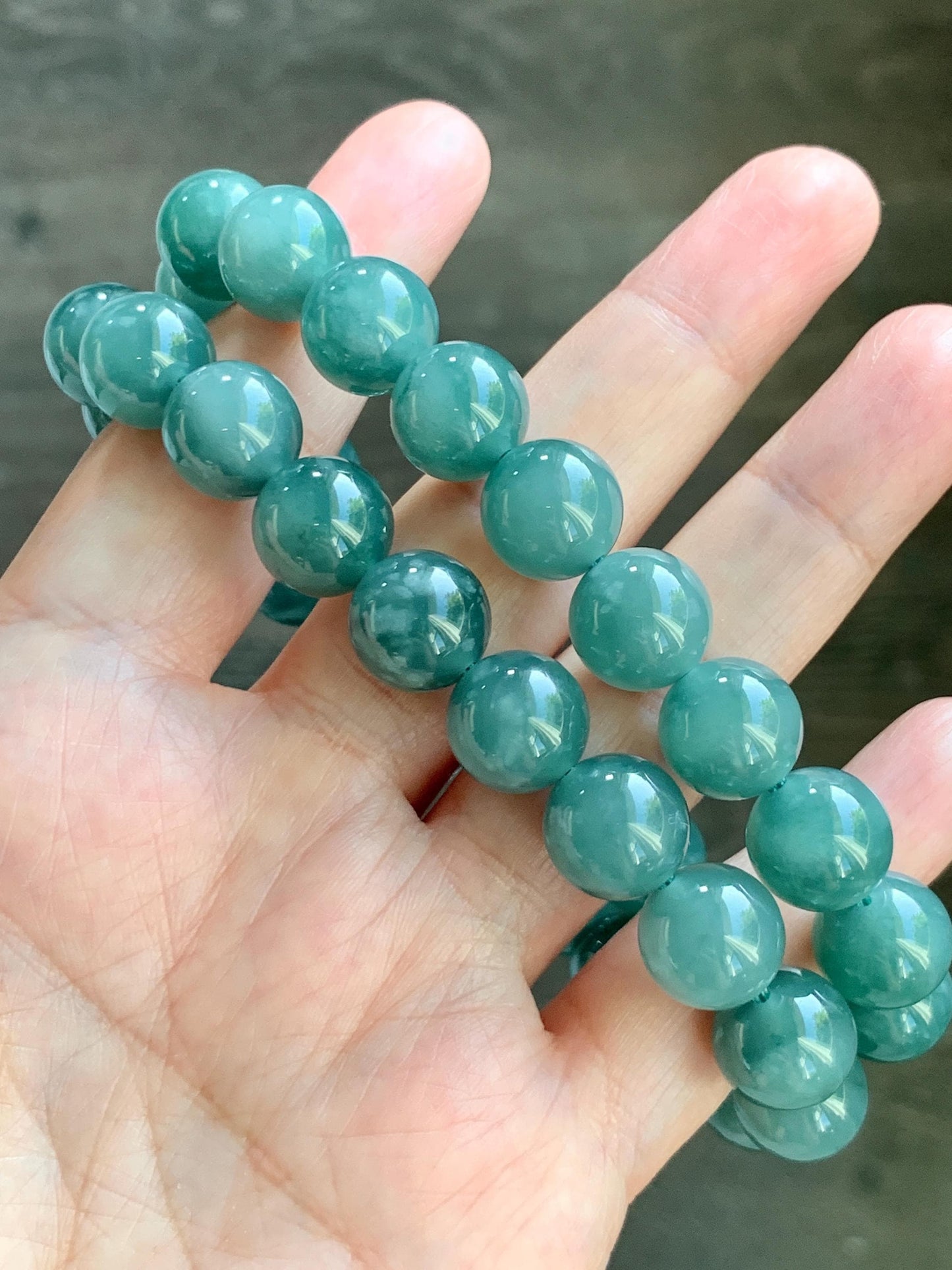Natural Grade A Guatemalan Icy Translucent Dark Teal Green Jade Jadeite Beaded Necklace 18” 11.8mm Sterling Silver 天然冰危深蓝绿翡翠大卡圆珠项链 WDT580
