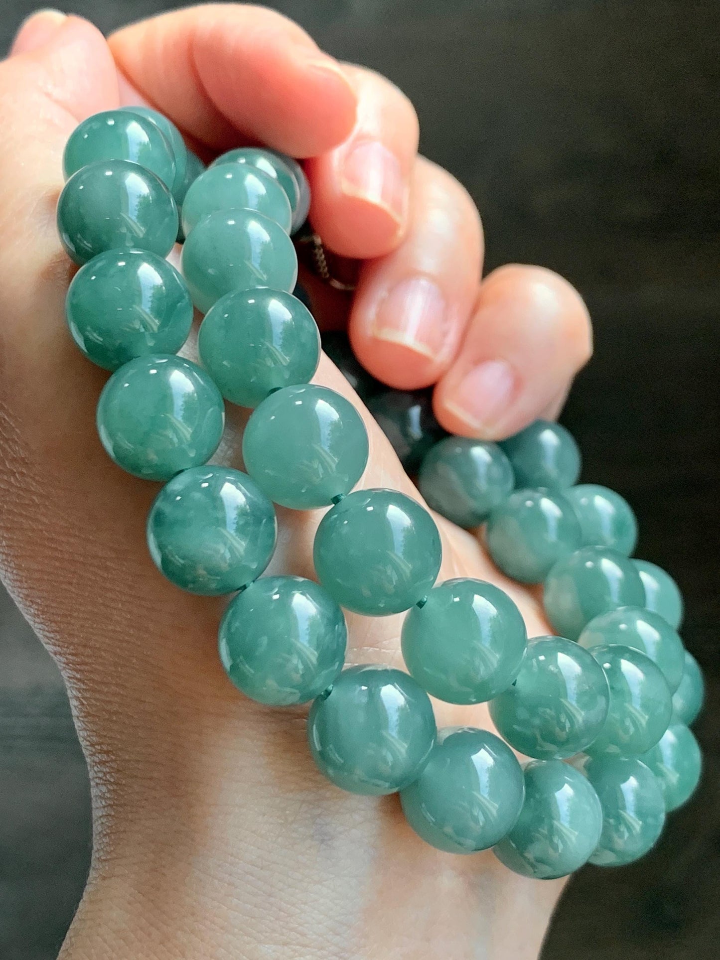 Natural Grade A Guatemalan Icy Translucent Dark Teal Green Jade Jadeite Beaded Necklace 18” 11.8mm Sterling Silver 天然冰危深蓝绿翡翠大卡圆珠项链 WDT580