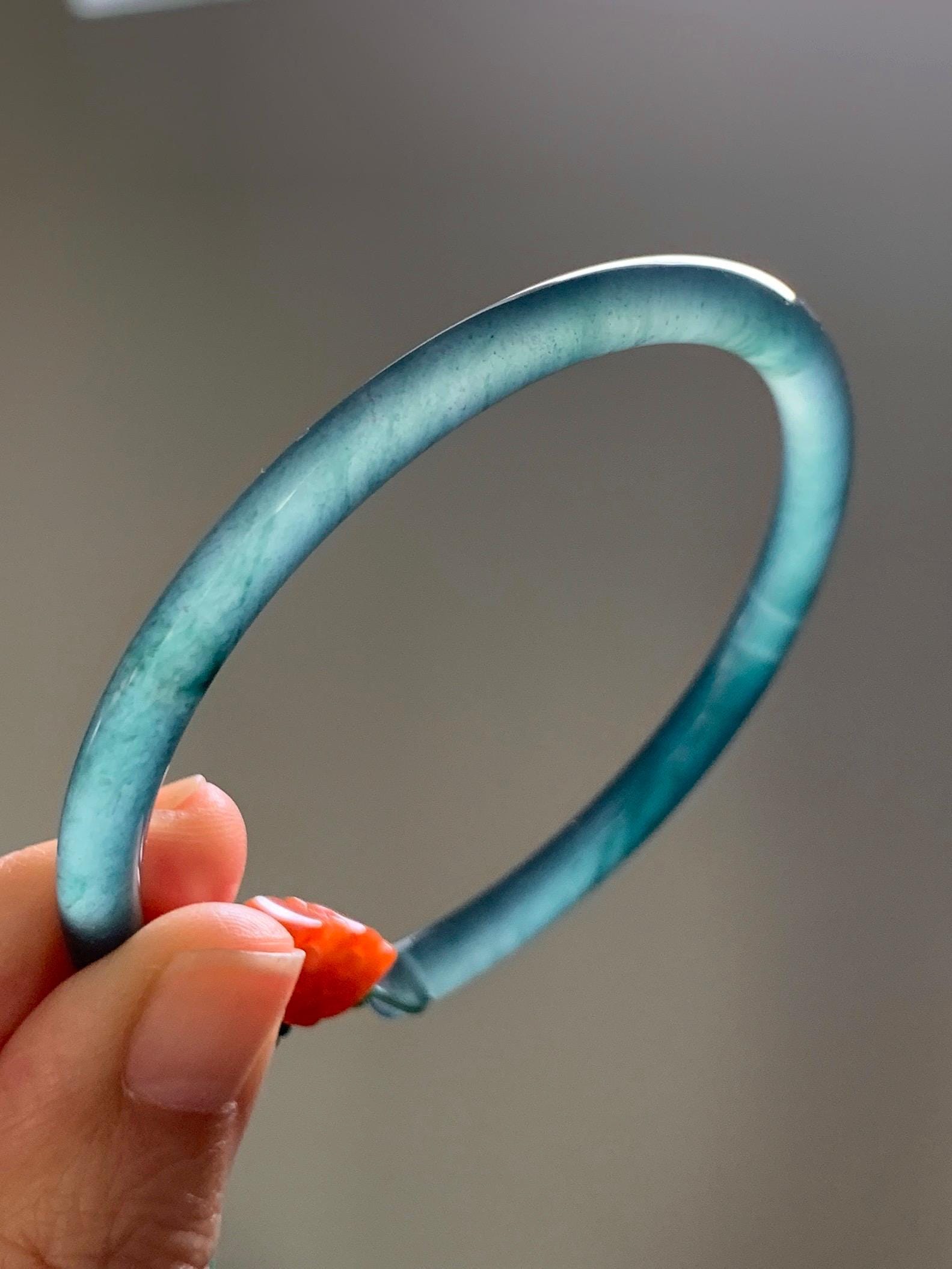 Certified Natural Grade A Guatemalan Icy Highly Translucent Dark Teal Blue Jade Jadeite Bangle Bracelet 59.9mm 7.4” 18g 天然冰胶危篮绿翡翠开口手镯 604