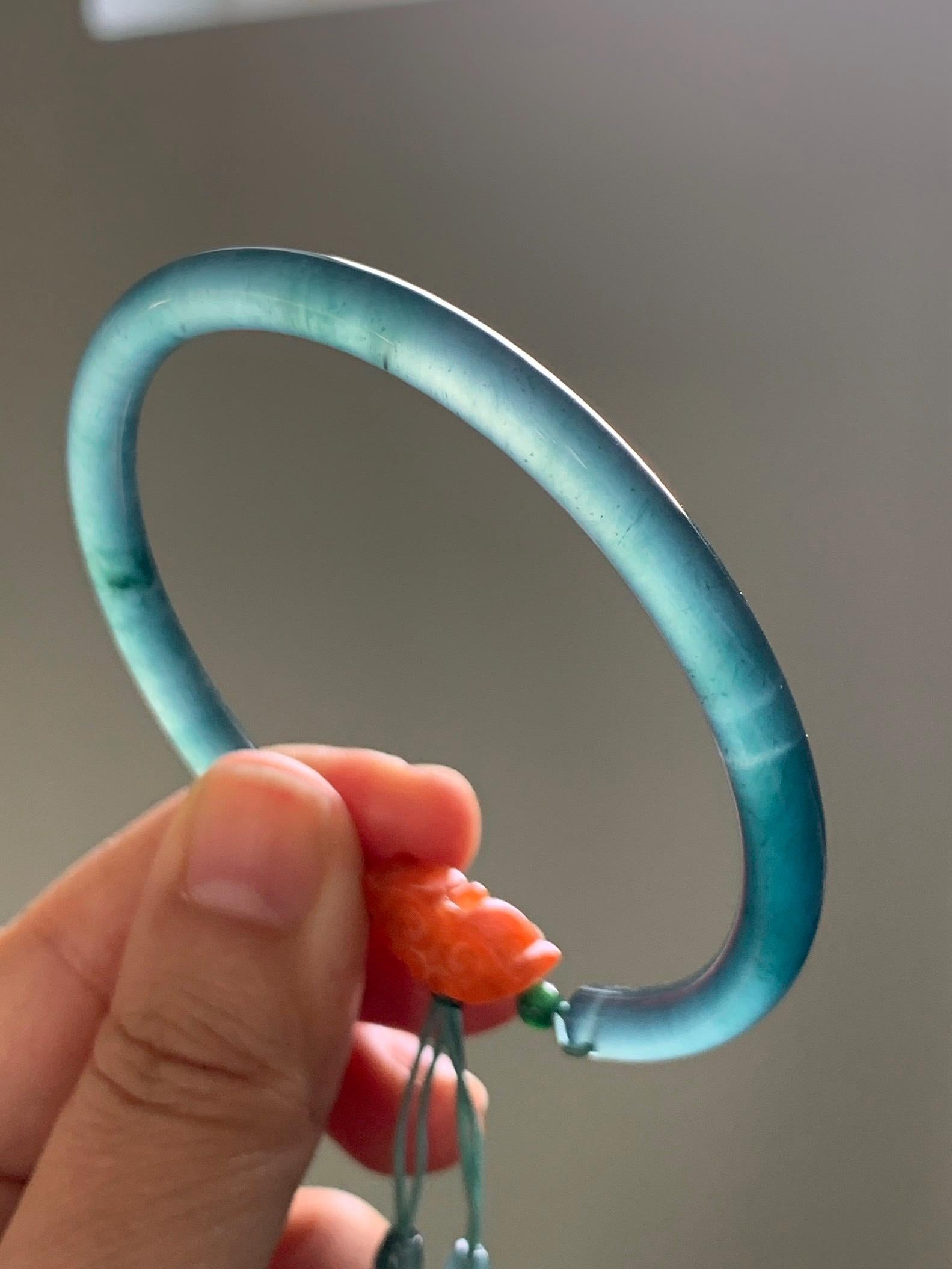Certified Natural Grade A Guatemalan Icy Highly Translucent Dark Teal Blue Jade Jadeite Bangle Bracelet 59.9mm 7.4” 18g 天然冰胶危篮绿翡翠开口手镯 604