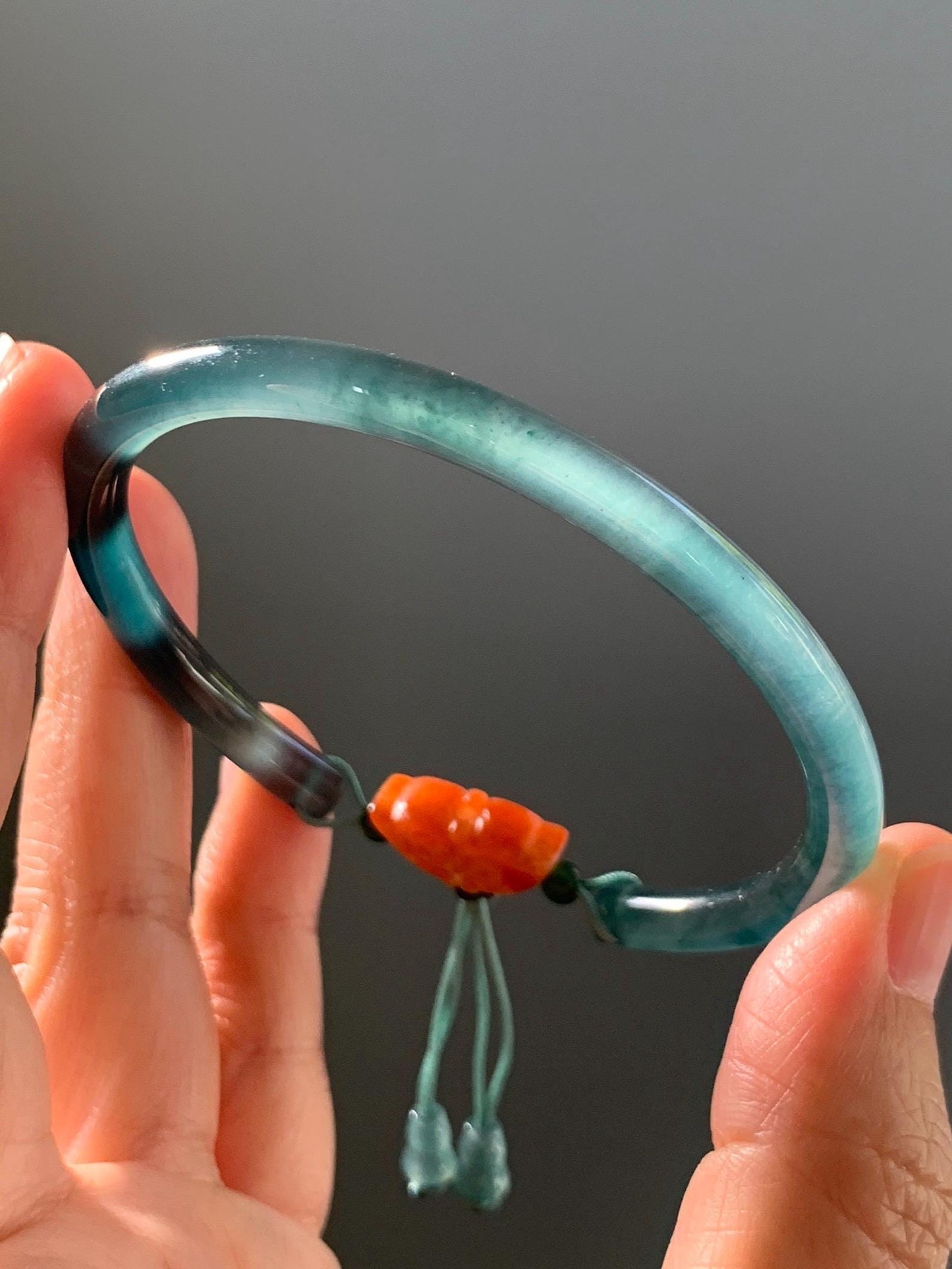Certified Natural Grade A Guatemalan Icy Highly Translucent Dark Teal Blue Jade Jadeite Bangle Bracelet 59.9mm 7.4” 18g 天然冰胶危篮绿翡翠开口手镯 604