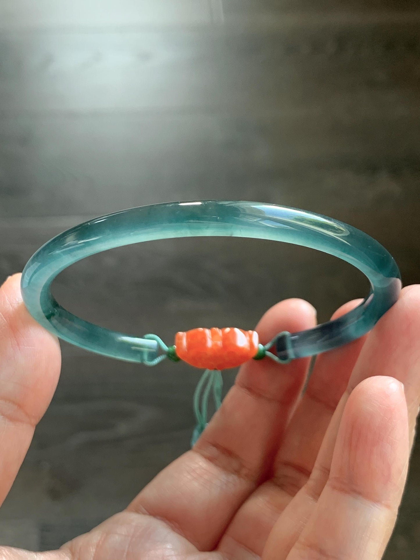 Certified Natural Grade A Guatemalan Icy Highly Translucent Dark Teal Blue Jade Jadeite Bangle Bracelet 59.9mm 7.4” 18g 天然冰胶危篮绿翡翠开口手镯 604