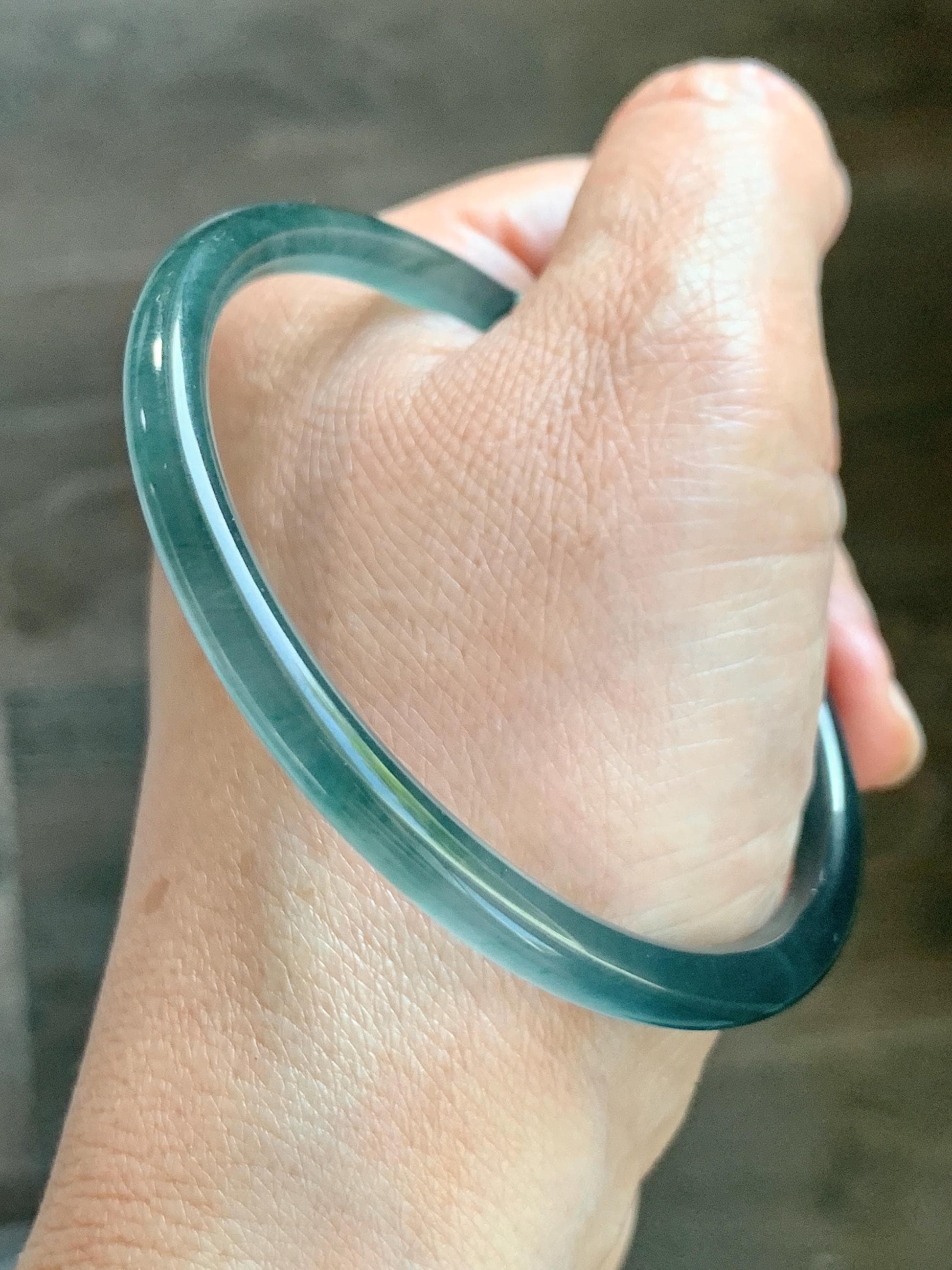 Certified Natural Grade A Guatemalan Icy Highly Translucent Dark Teal Blue Jade Jadeite Bangle Bracelet 59.9mm 7.4” 18g 天然冰胶危篮绿翡翠开口手镯 604