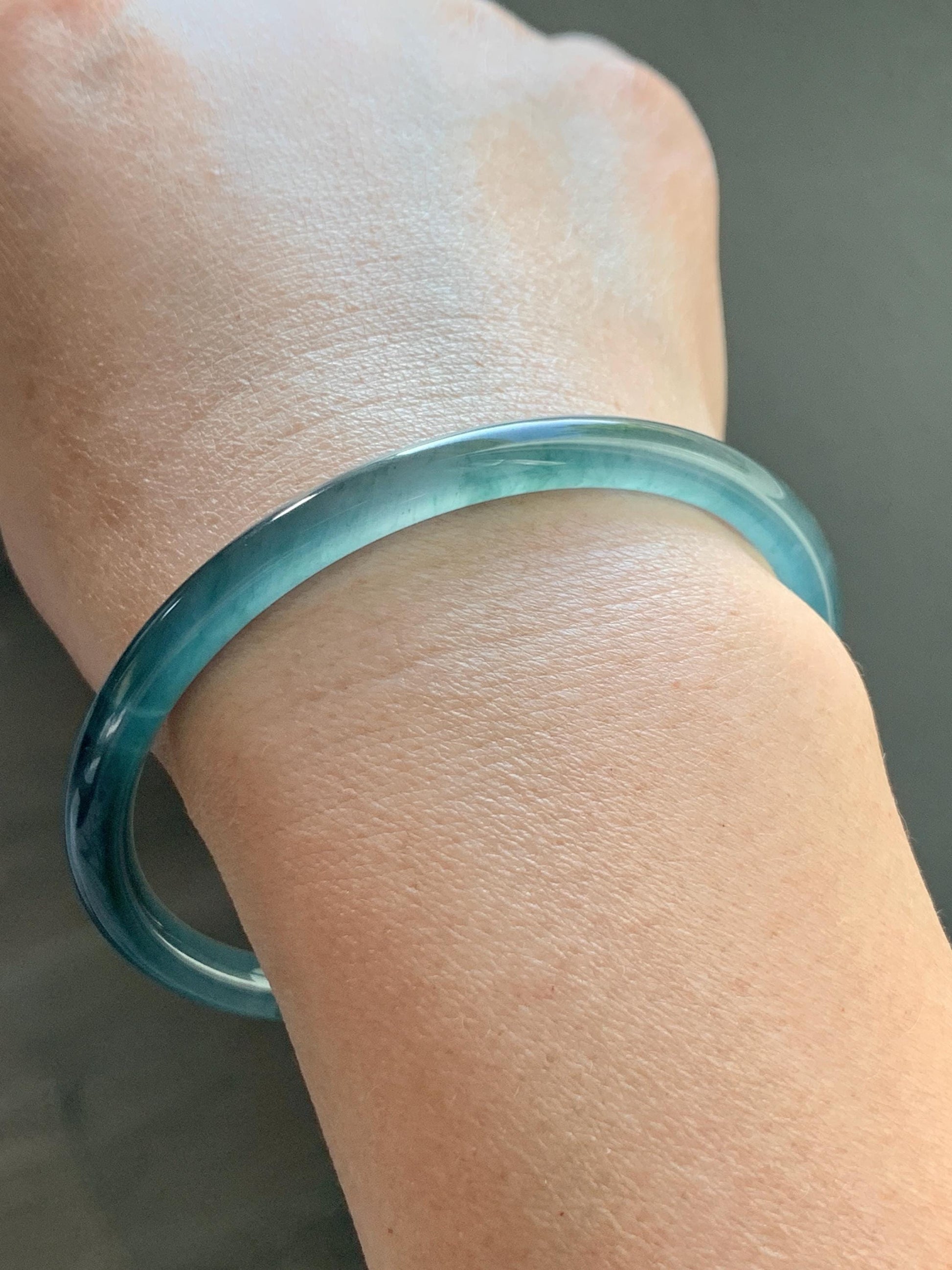 Certified Natural Grade A Guatemalan Icy Highly Translucent Dark Teal Blue Jade Jadeite Bangle Bracelet 59.9mm 7.4” 18g 天然冰胶危篮绿翡翠开口手镯 604