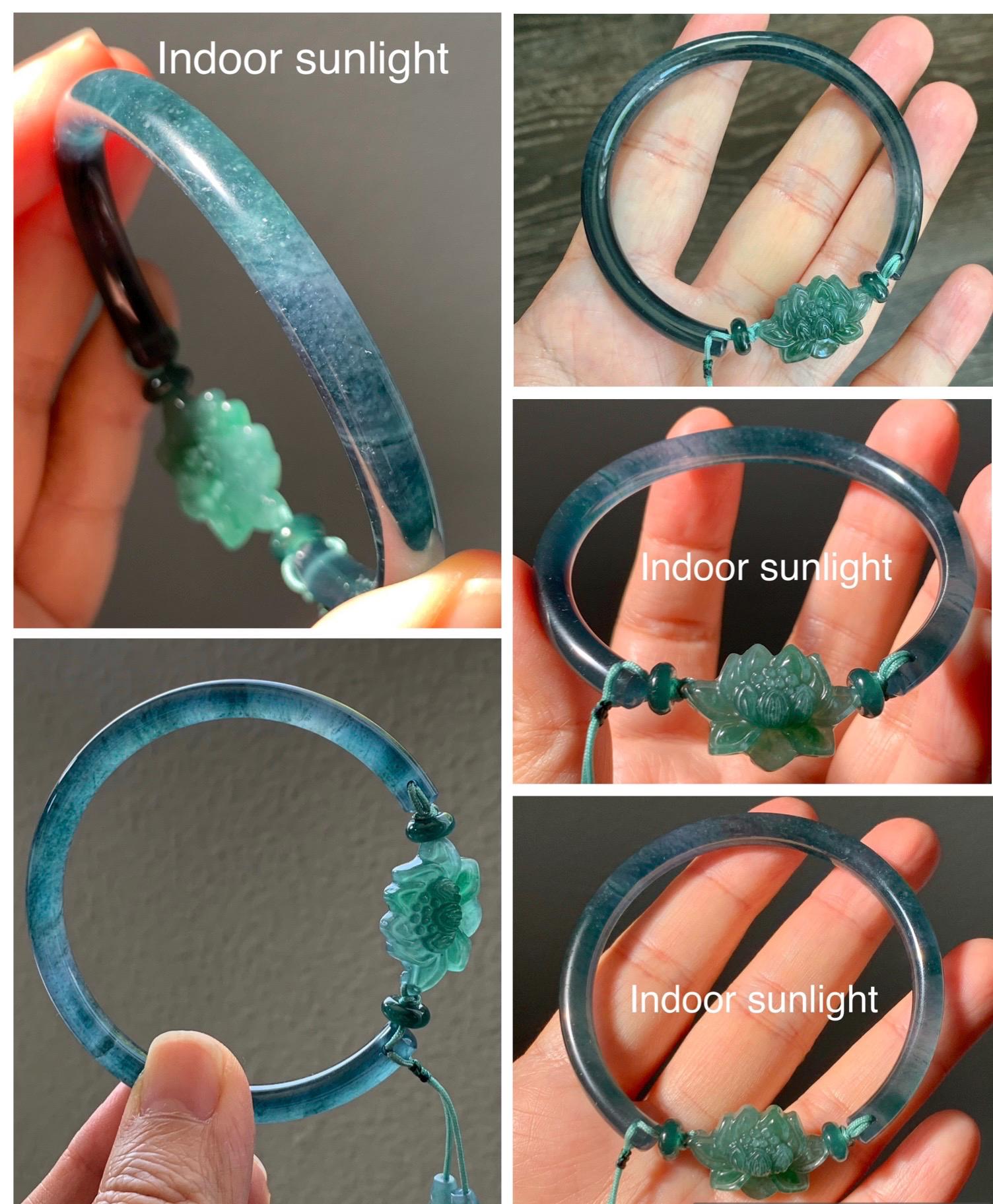 Certified Natural Grade A Guatemalan Icy Highly Translucent Dark Aegean Blue Jade Jadeite Bangle Bracelet 53.8mm 6.65” 17g 天然冰胶危牛仔蓝翡翠开口手镯605