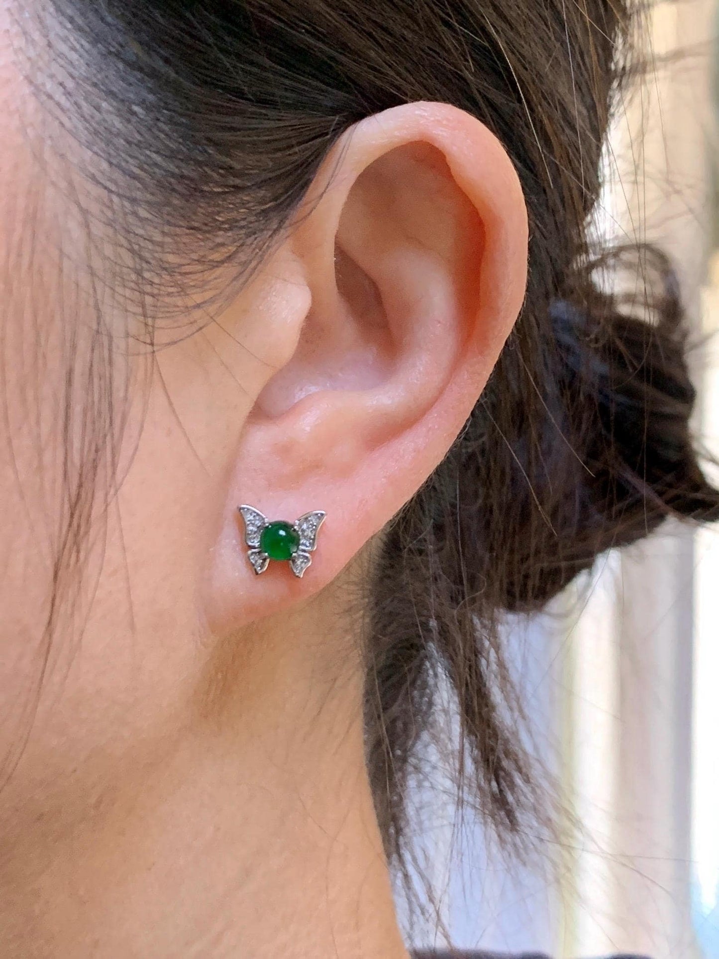 Natural Grade A Guatemalan Icy Translucent Vibrant Green Jade Jadeite Butterfly Stud Earrings Sterling Silver 天然冰危绿翡翠蝴蝶镶嵌耳钉 WYD77