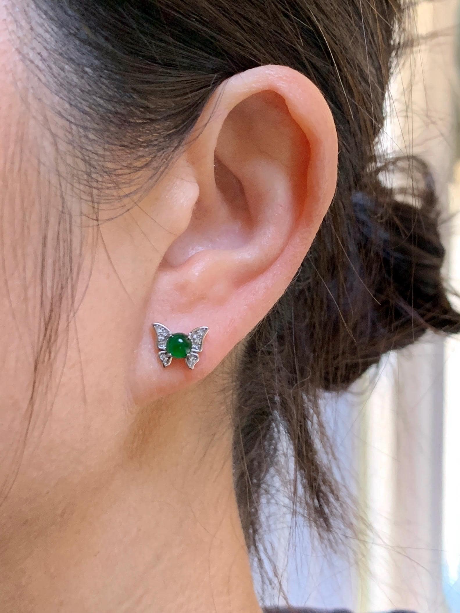 Natural Grade A Guatemalan Icy Translucent Vibrant Green Jade Jadeite Butterfly Stud Earrings Sterling Silver 天然冰危绿翡翠蝴蝶镶嵌耳钉 WYD77