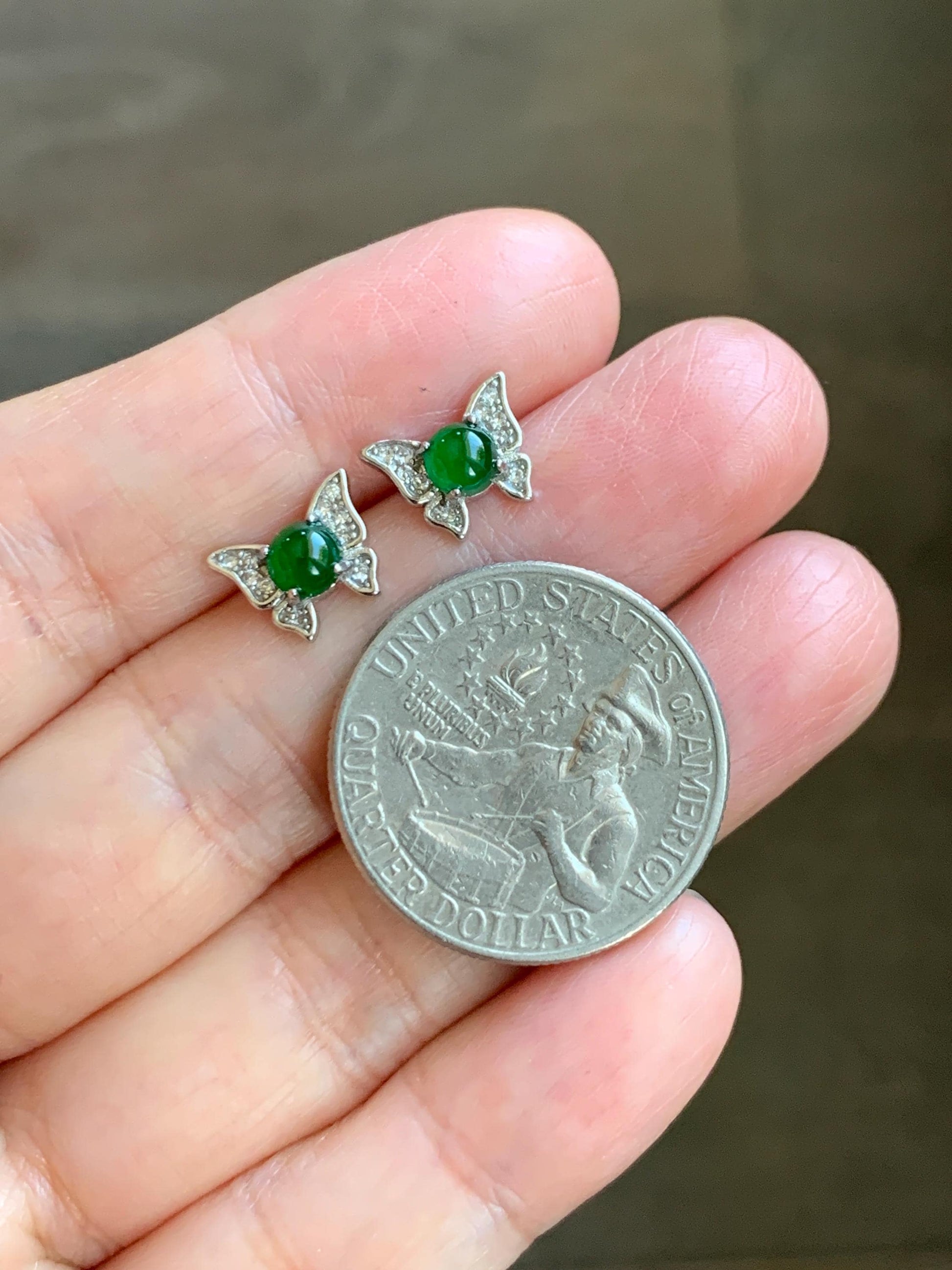 Natural Grade A Guatemalan Icy Translucent Vibrant Green Jade Jadeite Butterfly Stud Earrings Sterling Silver 天然冰危绿翡翠蝴蝶镶嵌耳钉 WYD77