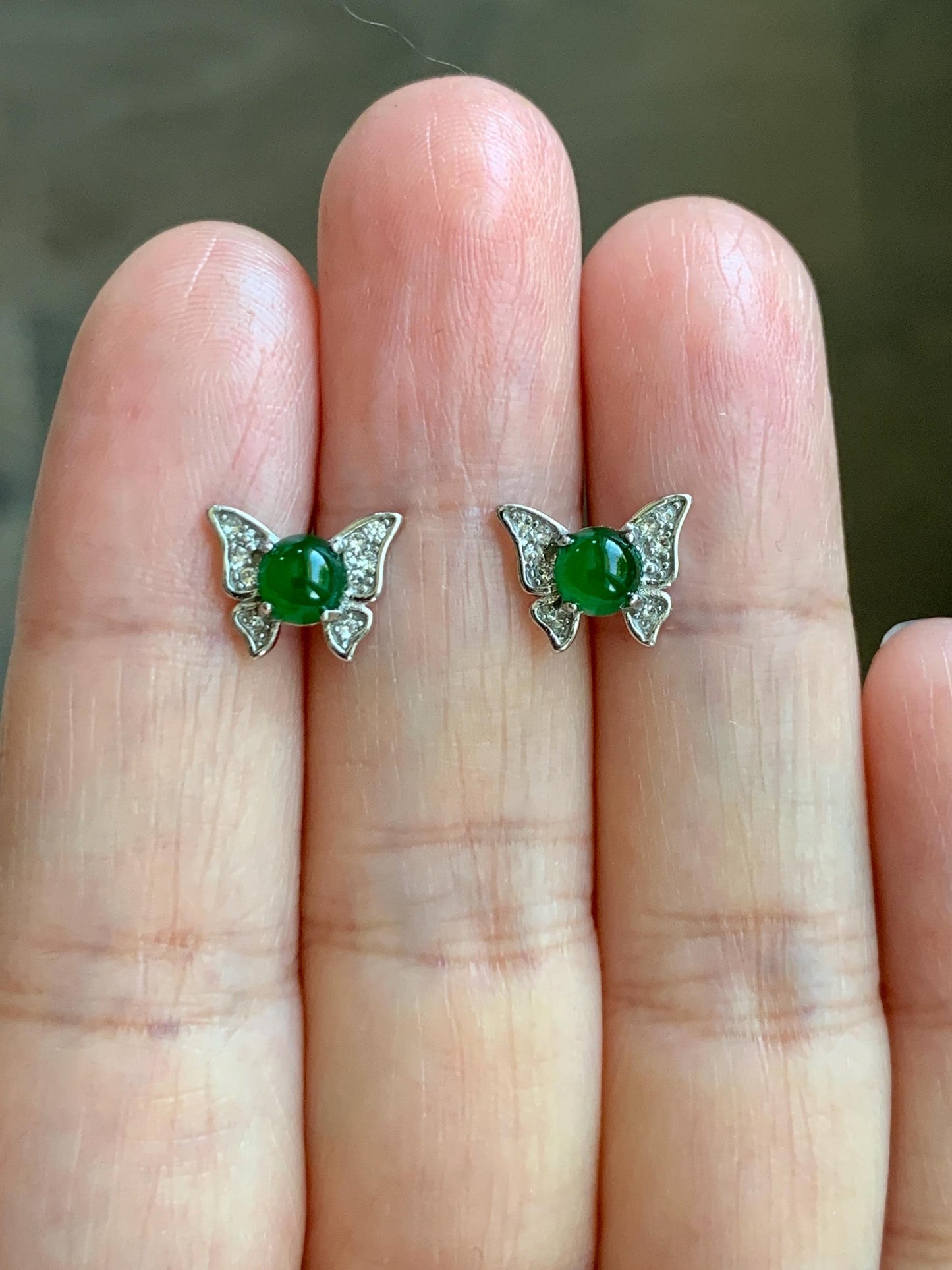 Natural Grade A Guatemalan Icy Translucent Vibrant Green Jade Jadeite Butterfly Stud Earrings Sterling Silver 天然冰危绿翡翠蝴蝶镶嵌耳钉 WYD77