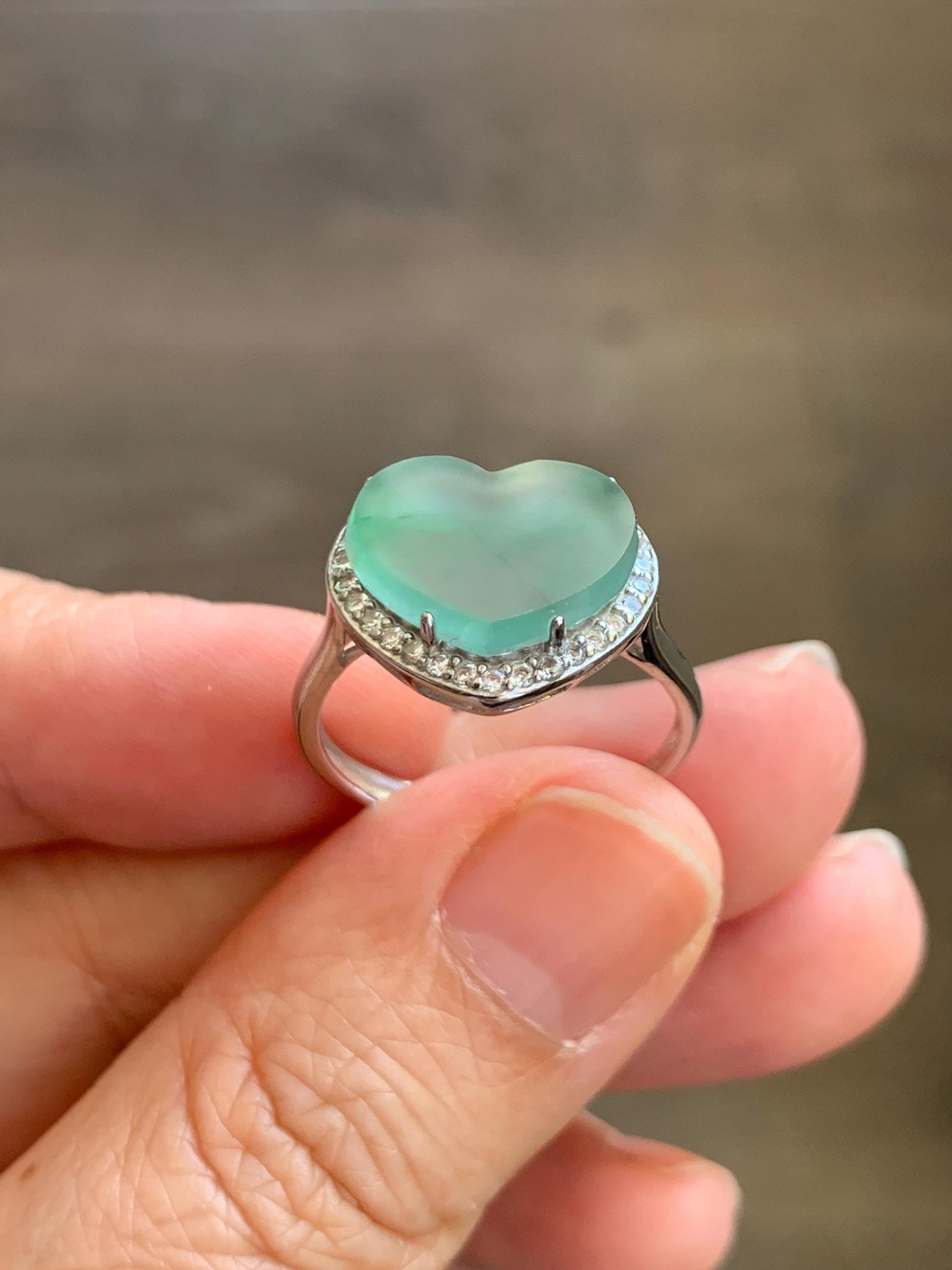 Natural Grade A Guatemalan Icy Highly Translucent Pastel Green Jade Jadeite Heart Ring Sterling Silver Size Adjustable 天然冰危浅绿翡翠爱心银镶戒指 WQL140