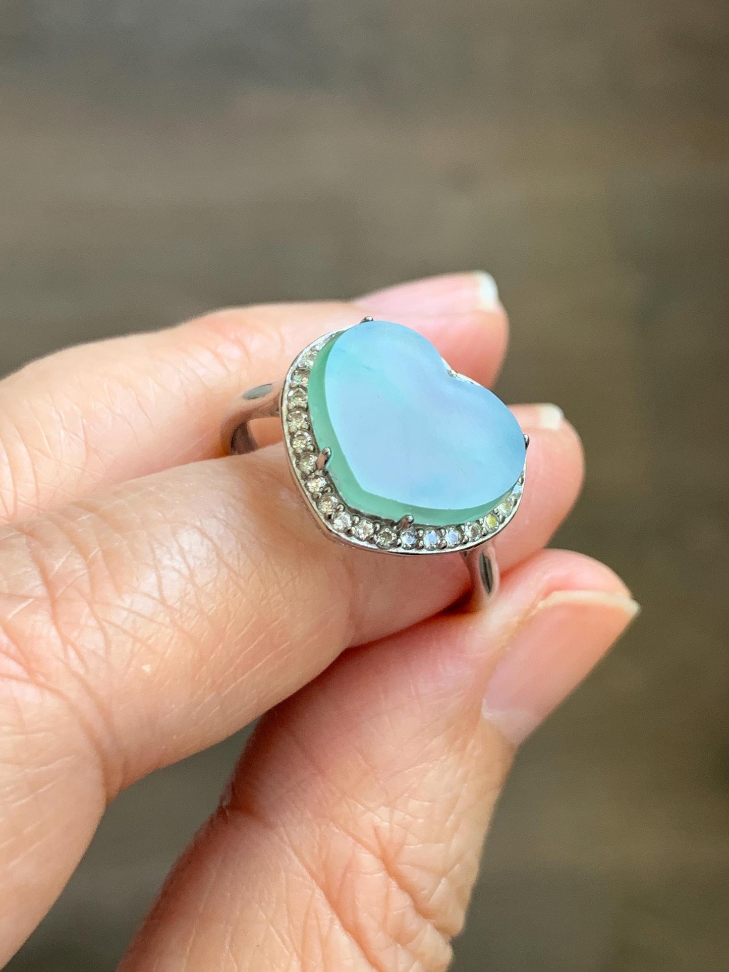 Natural Grade A Guatemalan Icy Highly Translucent Pastel Green Jade Jadeite Heart Ring Sterling Silver Size Adjustable 天然冰危浅绿翡翠爱心银镶戒指 WQL140